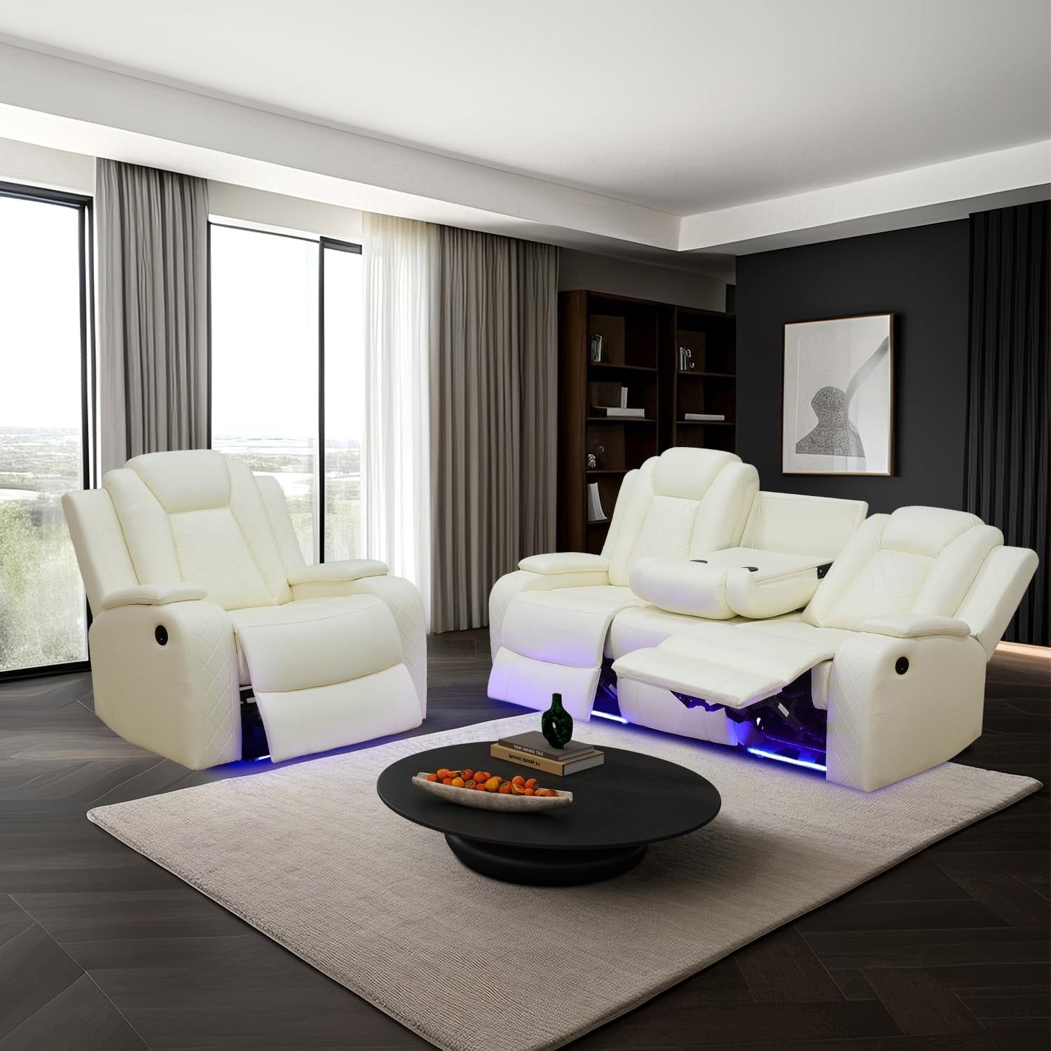 Power White Leather Reclining Sofa Set with LED Light for Living Room Set，Theater Seat Recliner Chair and 3 Seats Double Recliner Sofa with Drop-Down Table/Read Light/Wireless Charge/Usb Port