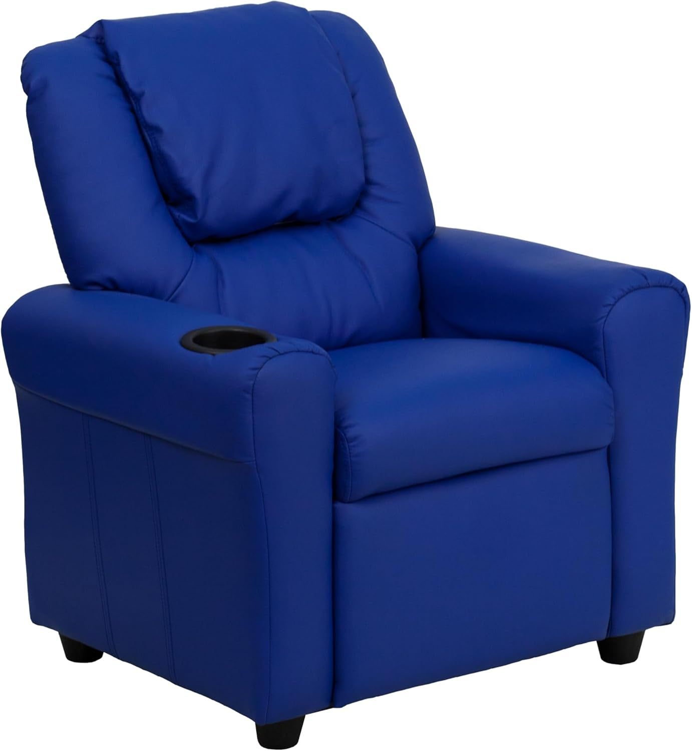 Vana Vinyl Kids Recliner with Cup Holder, Headrest, and Safety Recline, Contemporary Reclining Chair for Kids, Supports up to 90 Lbs., Blue