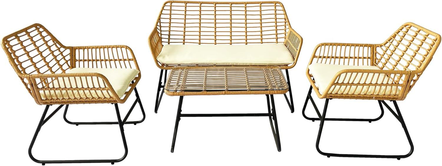 4 Piece Rattan Patio Furniture Set,Indoor/Outdoor Wicker Conversation Set with Loveseat,Chairs and Table for Garden,Porch,Yard and Poolside with White Soft Cushions
