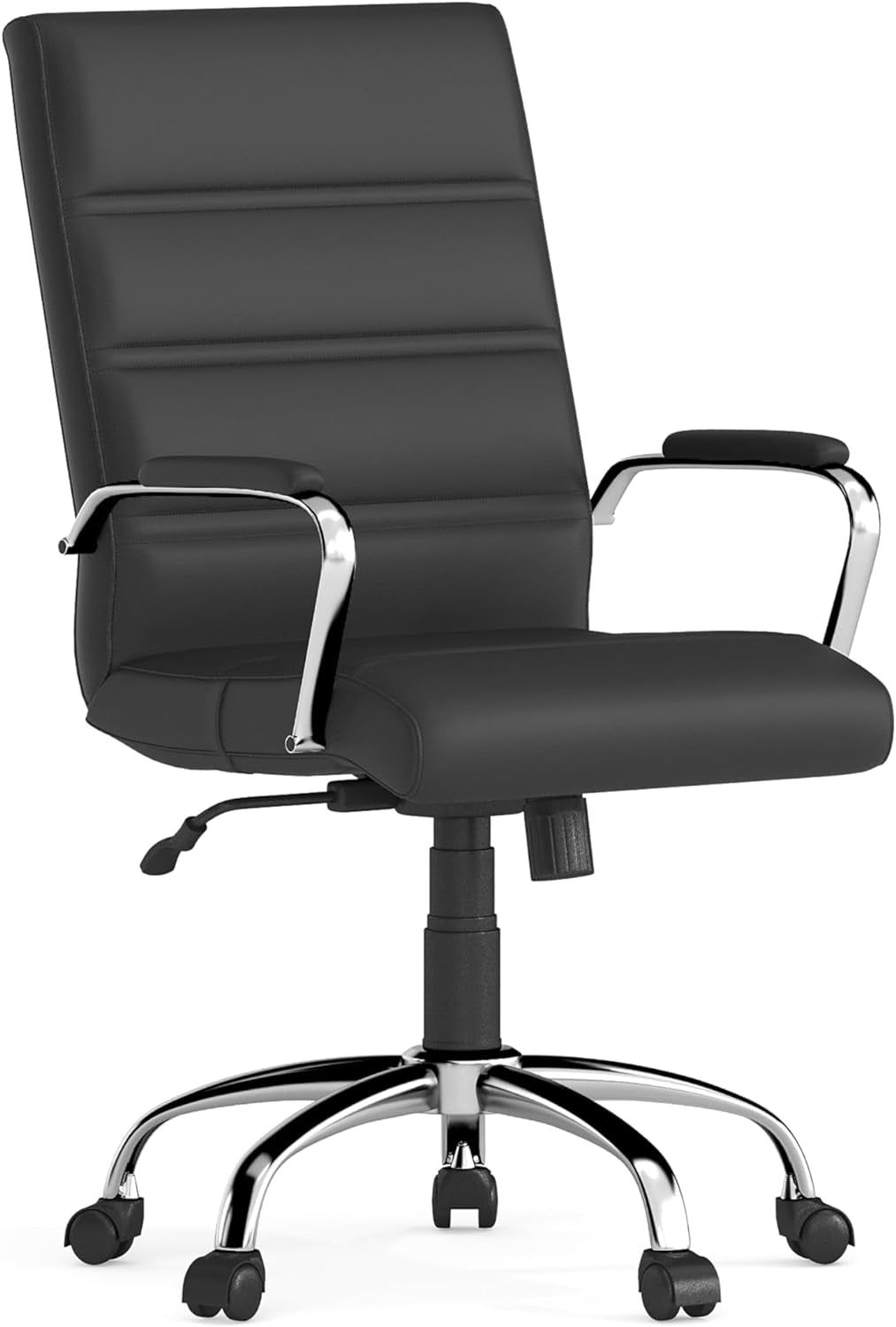 Whitney Mid-Back Swivel Leathersoft Desk Chair with Padded Seat and Armrests, Adjustable Height Padded Office Chair, Black