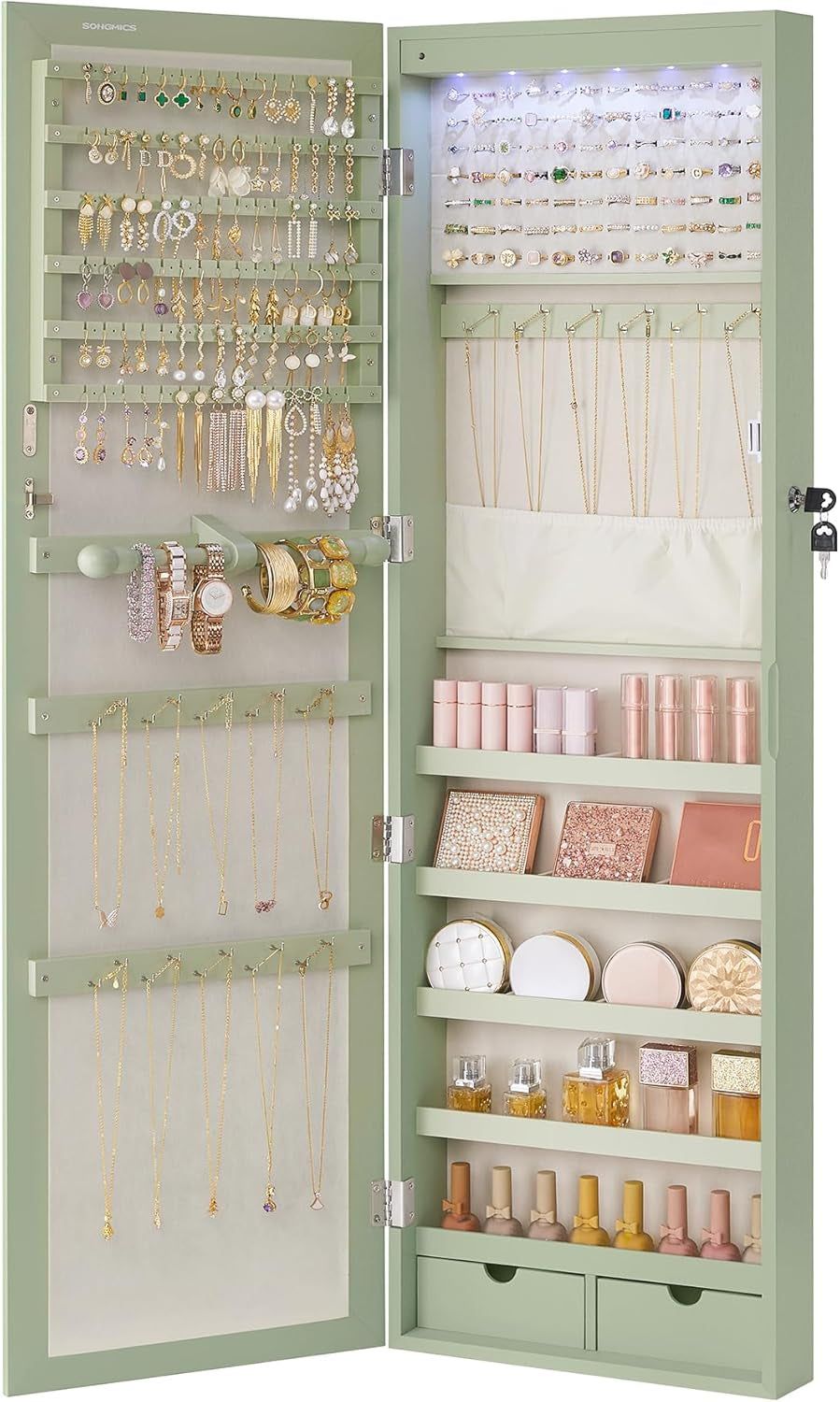 6 Leds Mirror Jewelry Cabinet, 47.2-Inch Tall Lockable Wall or Door Mounted Jewelry Armoire Organizer with Mirror, 2 Drawers, 3.9 X 14.6 X 47.2 Inches, Laurel Green UJJC093C01