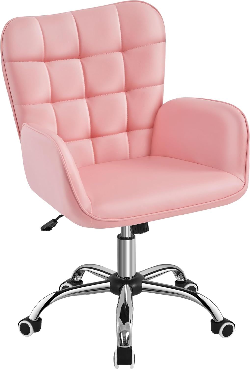 Faux Leather Office Chair Modern Vanity Chair Ergonomic Adjustable Makeup Chair with Padded Armrests Big Seat for Office, Study, Home, Pink