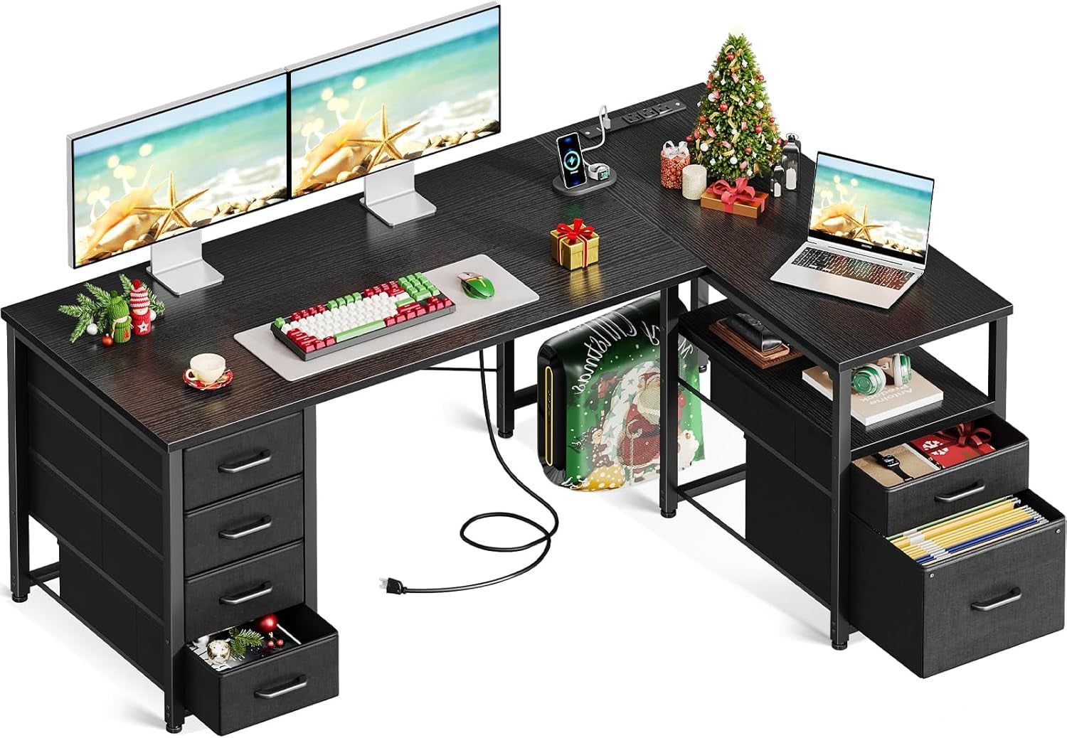 L Shaped Computer Desk with 6 Drawers &amp; Power Outlet, 55 Inch Corner Desk with Reversible Storage Shelf &amp; File Drawer, Home Office Desk, Black