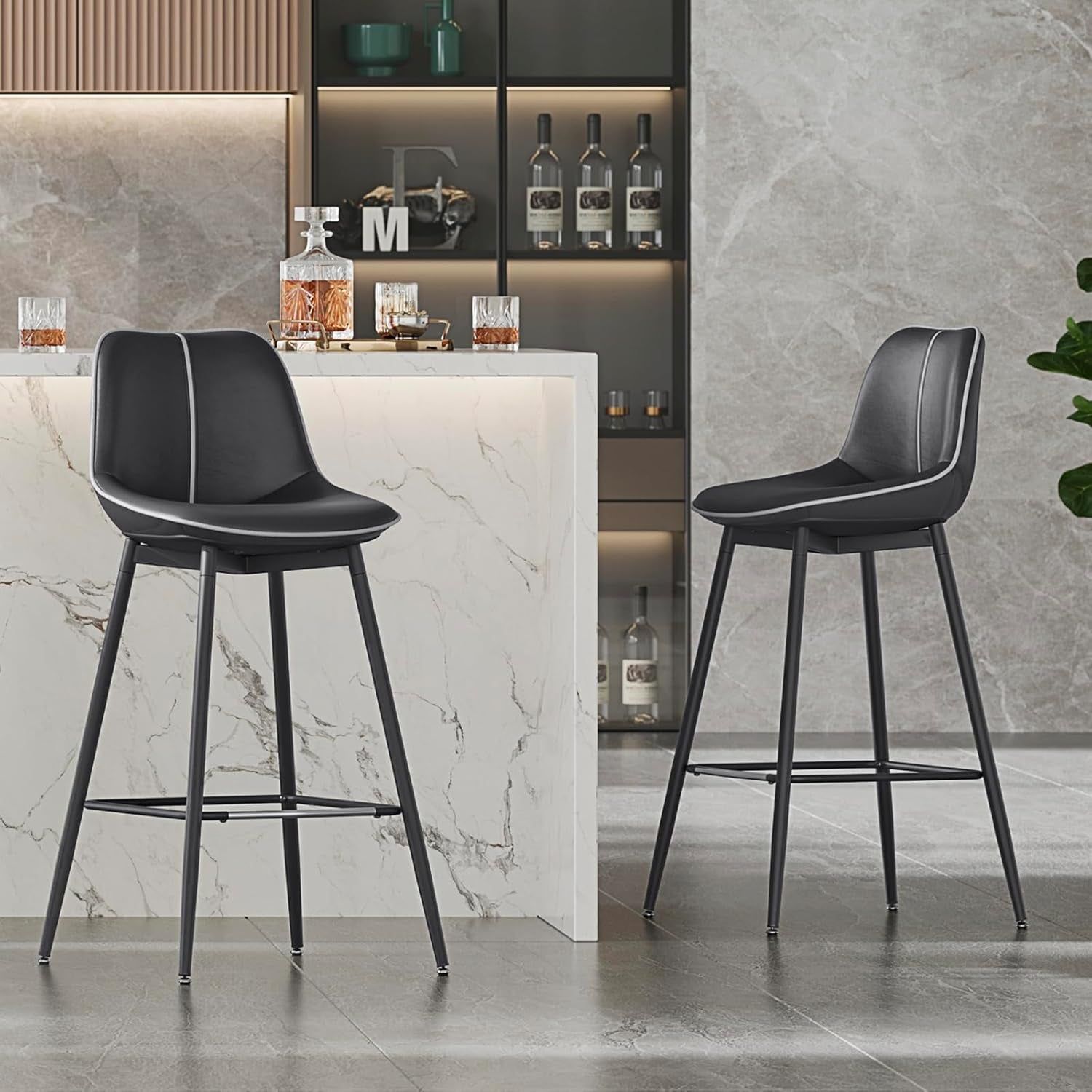 Bar Stools Set of 2, Bar Height Bar Stools with Back, Ergonomic Backrest, Synthetic Leather, Metal Legs, 28.7-Inch Tall Stools for Kitchen Island Home Bar, Ink Black ULBC888B01