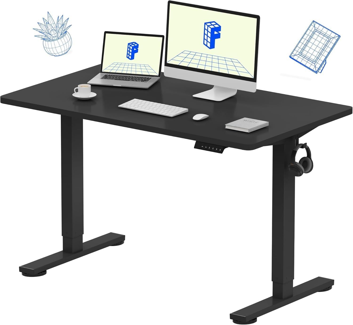 EN1 Whole-Piece Standing Desk 48 X 24 Inches Electric Height Adjustable Desk Sit Stand Desk Home Office Desks (Black Frame + Black Table Top)