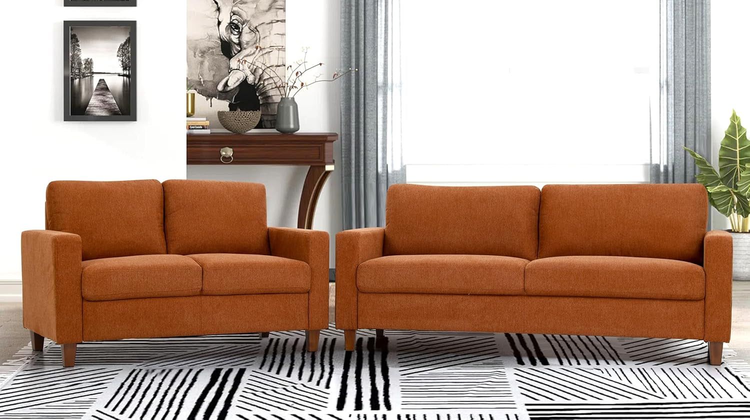 Miles 2 Piece Couch and Loveseat Sets with Reversible Back Pillows, Mid Century Modern Sofa for Small Spaces, Living Rooms, And, Apartments, Orange