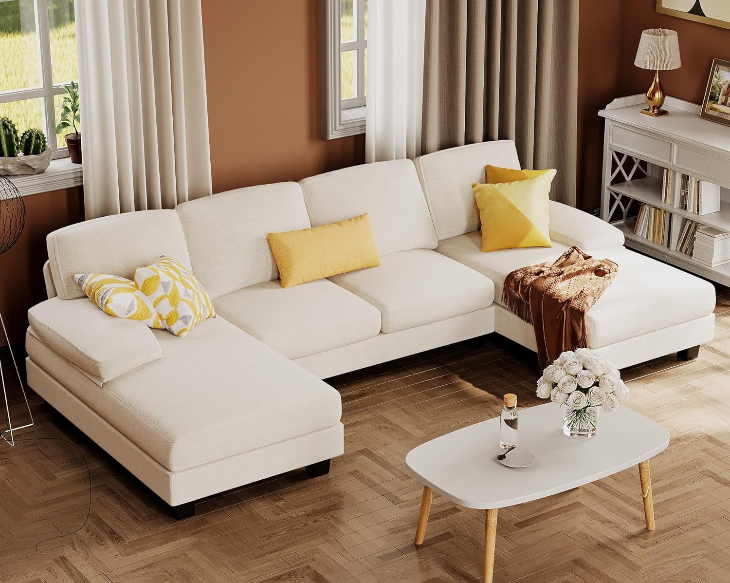 Sectional Couches for Living Room, U-Shaped Sofa Couch with Linen Fabric, 4 Seat Sofa Set with Double Chaise for Apartment (Fabric, White)