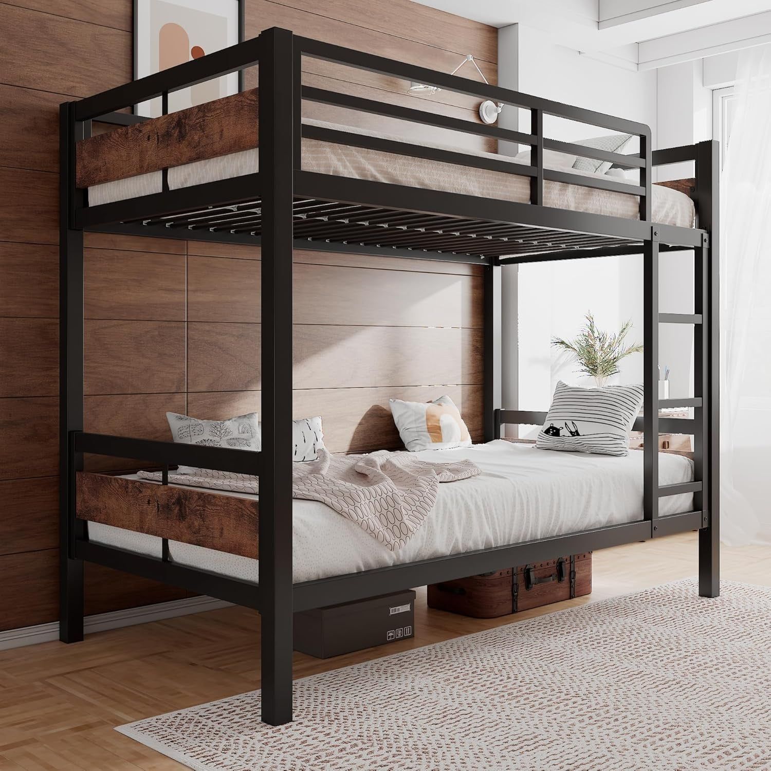 Bunk Bed Twin over Twin, Heavy Duty Metal Bed with Ladder and Full-Length Guardrail, Under-Bed Storage Space, No Box Spring Needed, Noise Free, Rustic Brown