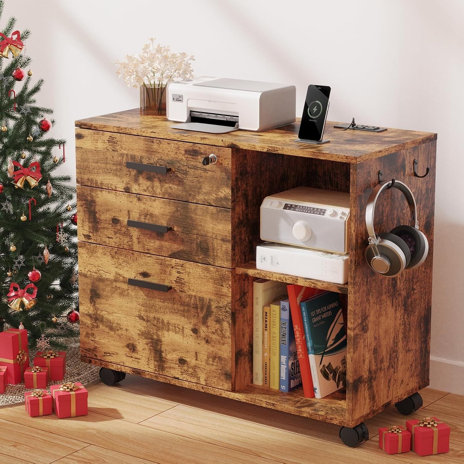 3 Drawer File Cabinets for Home Office with USB Charging Port and Lock Printer Cabinet with Storage Wood Filing Cabinet with Open Shelves Mobile File Cabinet with Lockable Livingroom Furniture