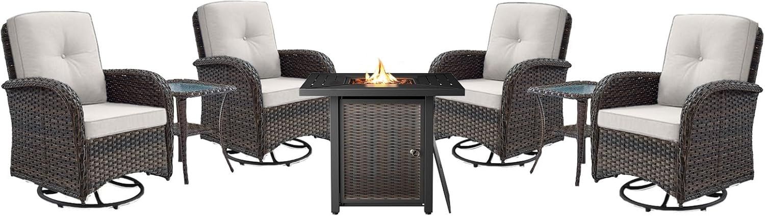 7 Pieces Patio Furniture Set with Fire Pit Table - 4 Outdoor Swivel Rocker Chairs with 50000BTU Propane Fire Table and 2 Side Table, Outdoor Conversation Set for Casual Gathering Brown