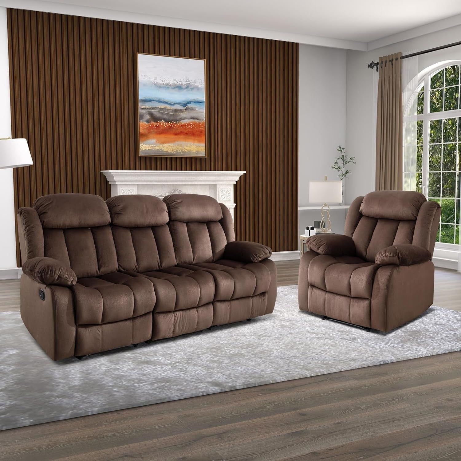 Manual Reclining Sofa Set, Classic Recliner Sofa with Overstuffed Arms and Backrest, Include 1 Recliner Chair and 1 3-Seat Reclining Sofa (Recliner+Sofa)