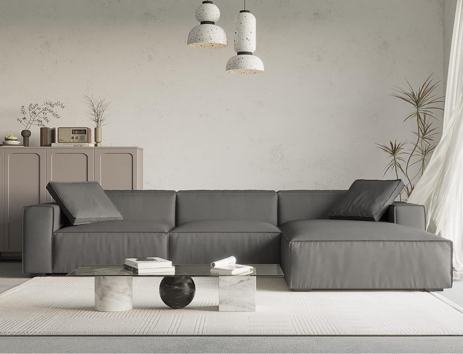 Modern L-Shaped Deep Sectional Sofa Furniture Set for Living Room Lounge, Minimalist Style Comfy Suedette Upholstery Corner Couch with Chaise, Dark Grey