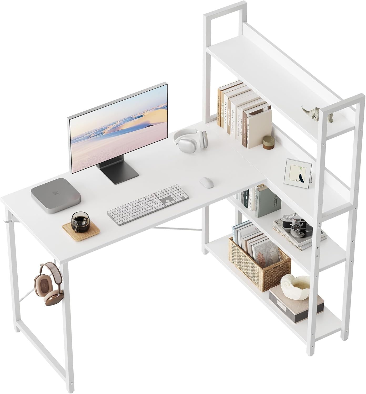Computer Corner Desk with Storage Shelves, 47 Inch Reversible Small L Shaped Computer Desk, Home Office Writing Desk with 2 Hooks, Pure White
