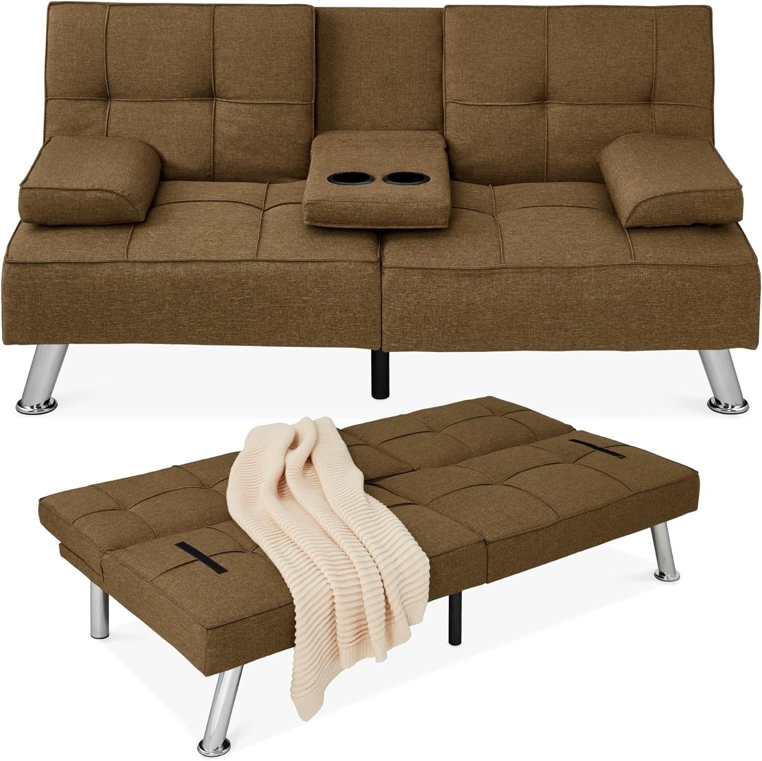 Linen Modern Folding Futon, Reclining Sofa Bed for Apartment, Dorm W/Removable Armrests, 2 Cupholders - Brown