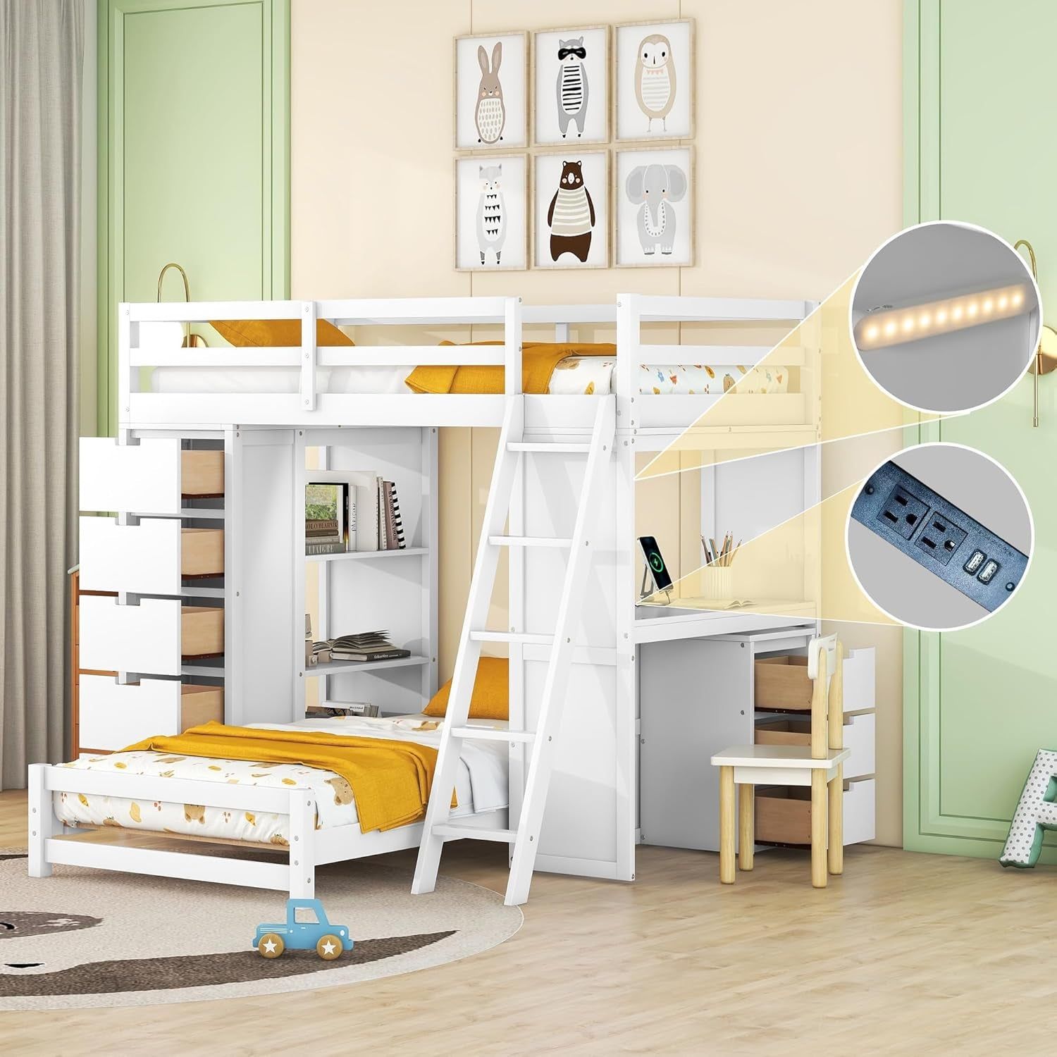 Modern Twin Wood Bunk Bed with LED Light and USB Ports, Storage Bunk Bed with Desk, Ladder for Bedroom, Dorm,Appartment Space-Saving White