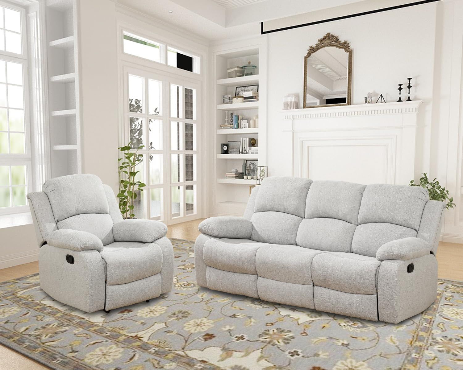 Recliner Sofa Set Living Room Furniture, Reclining Sofa Set Microfiber Fabric, Recliner Couch Set for Office Home (Sofa and Chair Set, Grey White)