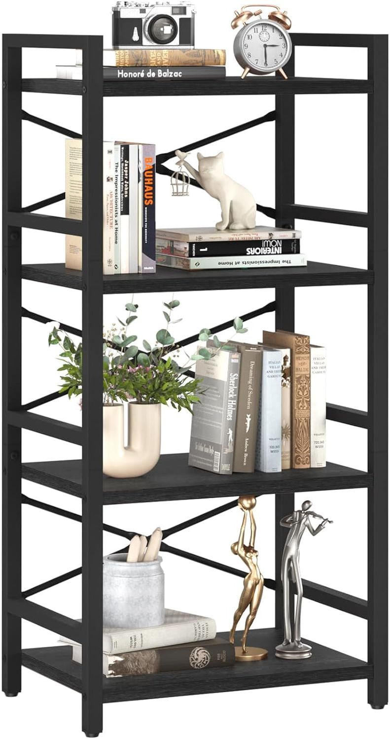 4 Tier Bookshelf - Small Book Shelf Industrial Bookcase, Narrow Book Case Book Storage Organizer for Cd/Movie/Book, Bookshelves for Bedroom Office Living Room Black