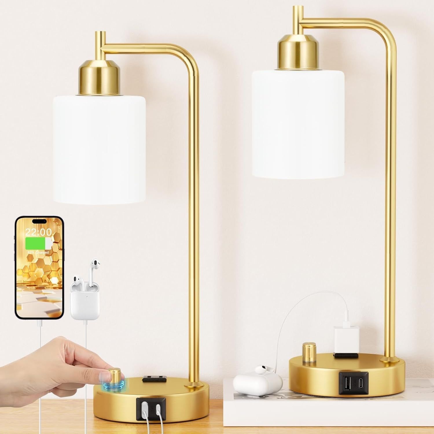 Industrial Table Lamps for Bedroom Set of 2 - Fully Dimmable Bedside Lamps with USB Ports and Outlet, Gold Nightstand Lamps with Opal Glass Shade for Living Room, Desk Lamps for Office Reading