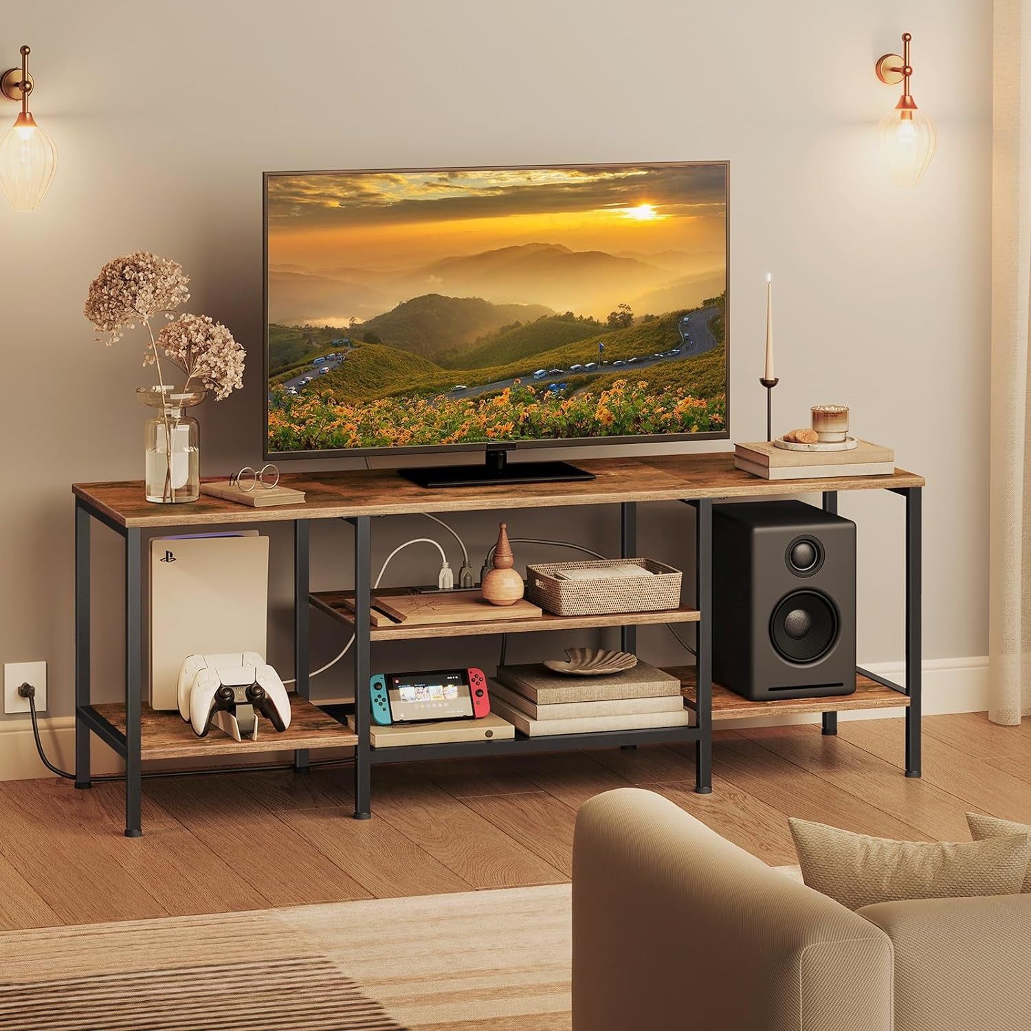 TV Stand with Power Outlets to 65 Inches, TV Console Table with Open Storage Shelves, Industrial Media Entertainment Center for Living Room Bedroom, Rustic Brown and Black BF40DS01