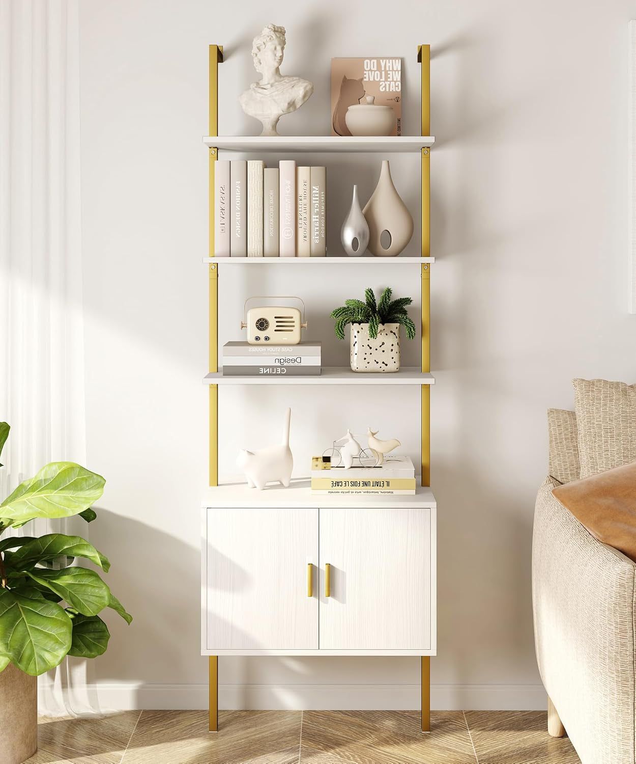 73&quot; Tall Bookshelf with Cabinet, Industrial Ladder Wall Mount Shelf Bookcase with Wood and Metal Frame, Plant Shelf Wall Storage Display for Living Room Bedroom, White Gold