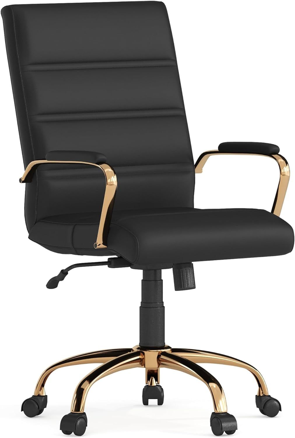Whitney Mid-Back Swivel Leathersoft Desk Chair with Padded Seat and Armrests, Adjustable Height Padded Office Chair, Black/Gold