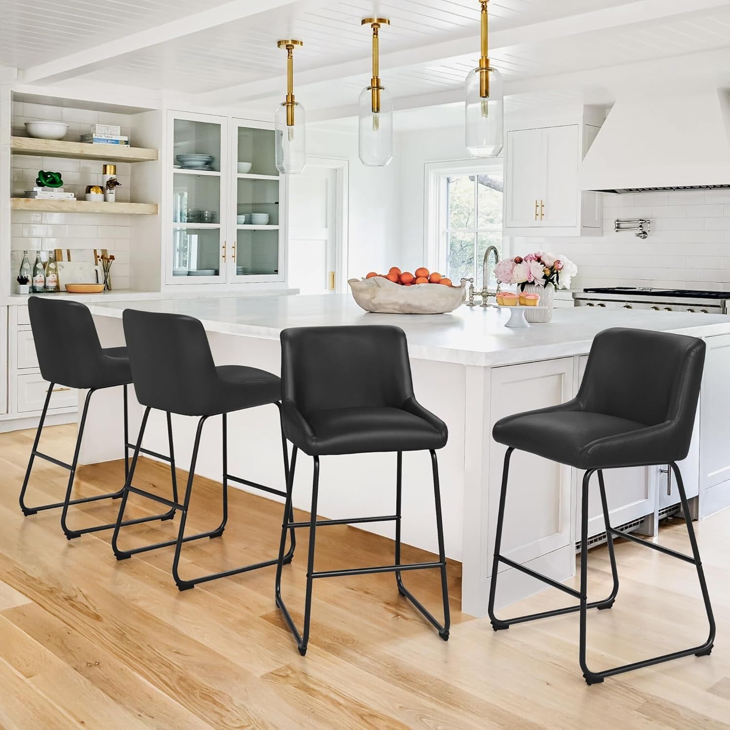 26 Inch Bar Stools Set of 3, Faux Leather Upholstered Barstools, Counter Height Bar Stools with Back, Comfortable Bar Chairs, Modern Counter Stools for Kitchen Counter Island