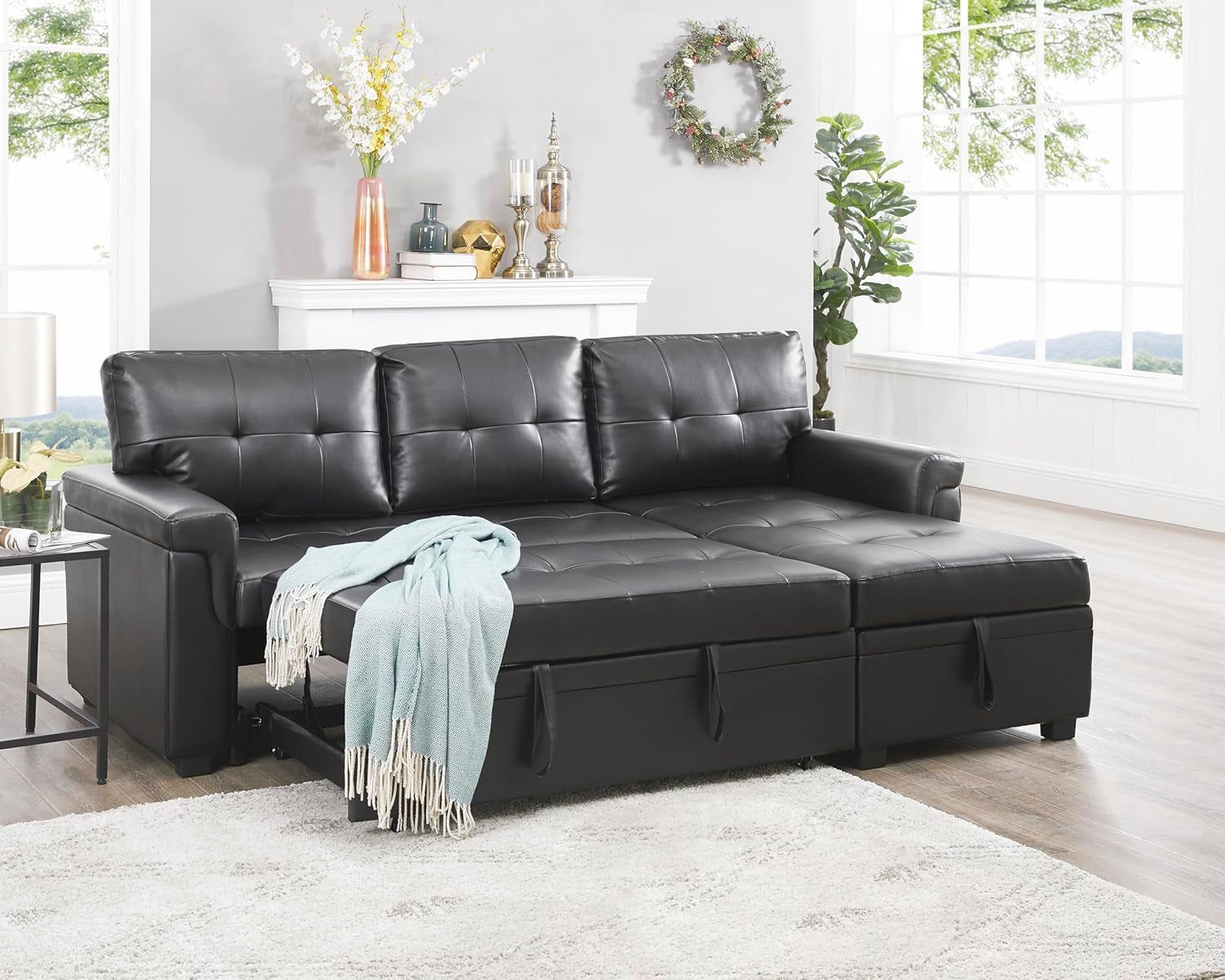 Jenny Sectional Sofa Sleeper with Storage Chaise, Tufted Pull Out Couch with Storage, Sectional Bed, L-Shaped Reversible Sleeper Sofa, Black,Air Leather