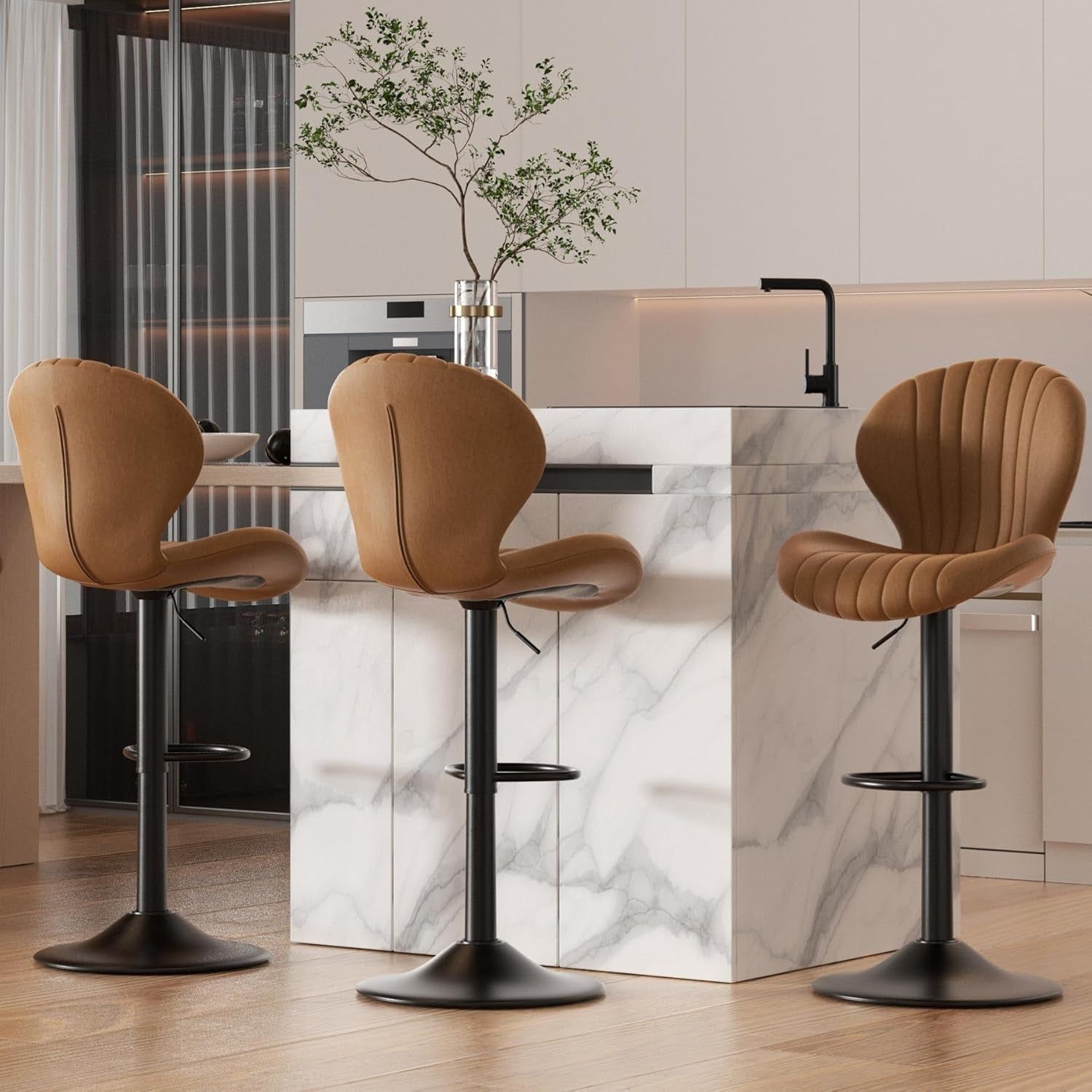 Bar Stools Set of 3 Modern Swivel Bar Chairs, Barstools Counter Height with High Backrest, Easy 3-5 Minute Assembly for Bar, Kitchen, Dining Room Brown