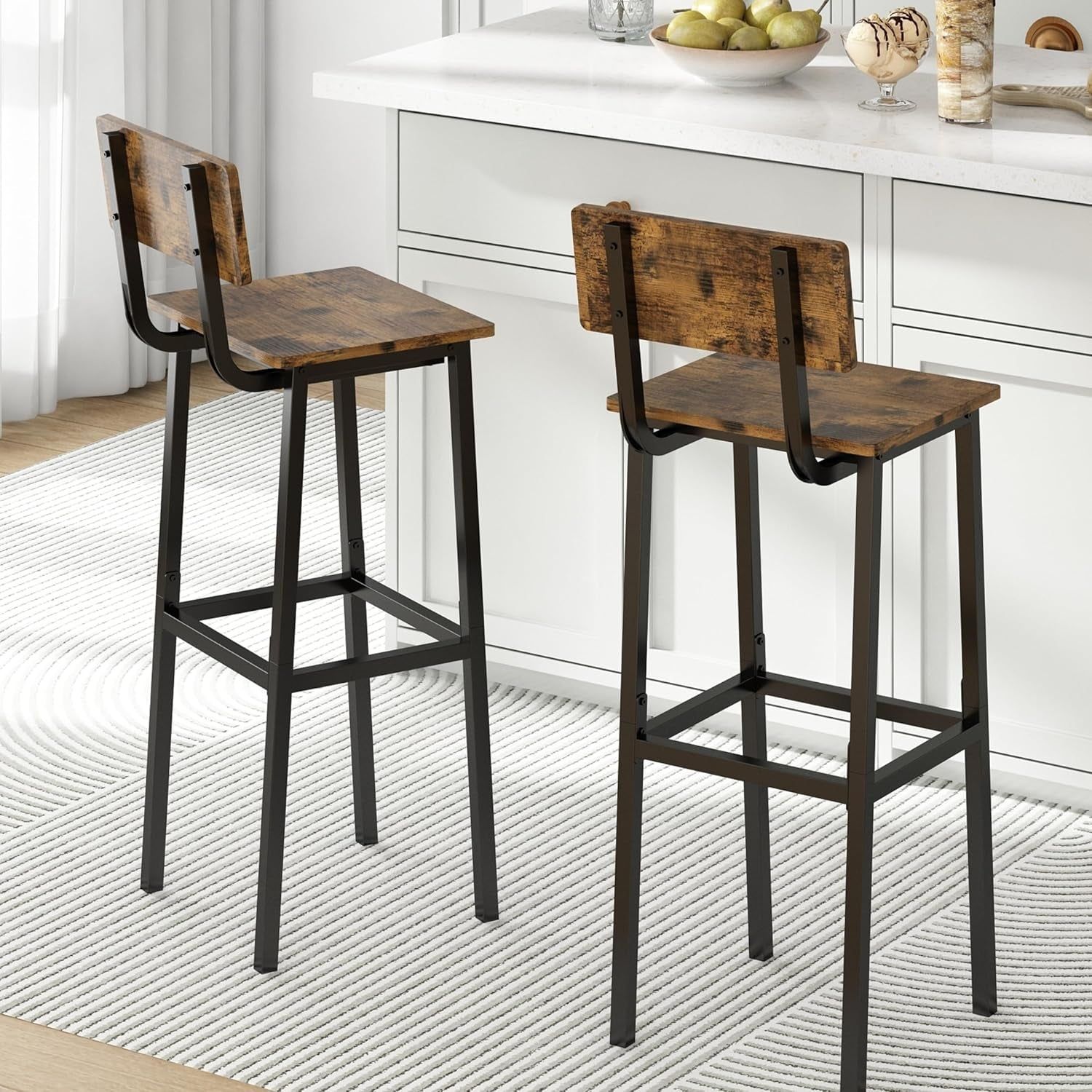 Set of 2 Bar Stools, Tall Bar Stools with Backrest and Footrest, Tall Bar Chairs, Industrial Style Counter Height Bar Stools for Dining Room, Kitchen, Bar Rustic Brown