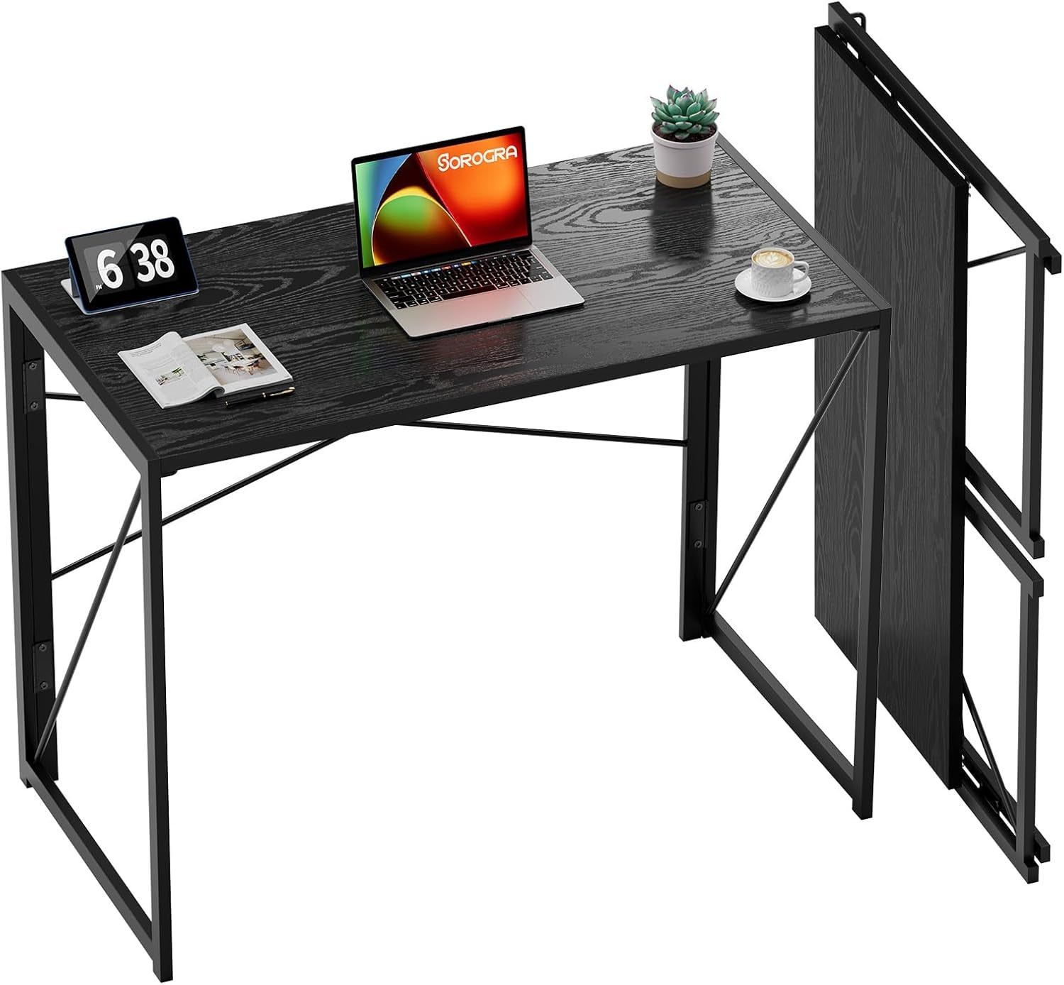 Small Folding Desk 31.5 Inch No Assembly Required Computer Desks, Spaces Saving Foldable Table for Bedroom, Home Office, Dorm, Apartment, Kids, Black Wood