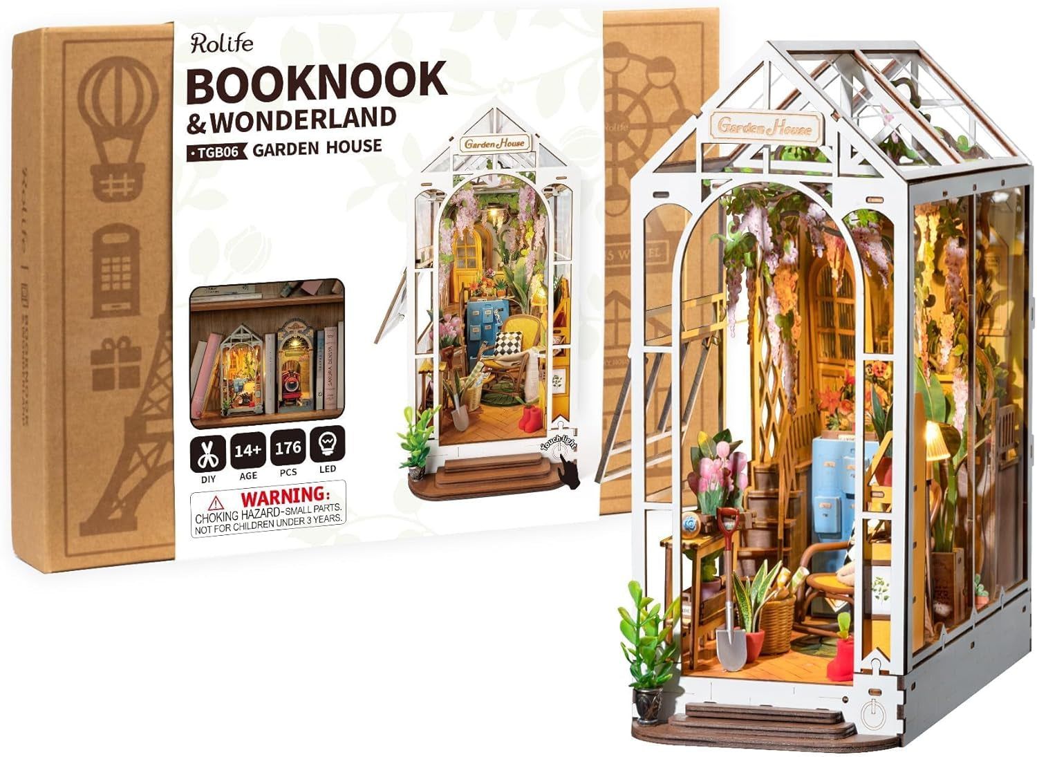 DIY Book Nook Kits for Adults-Garden House Bookshelf Insert Booknook-3D Puzzle Dollhouse Room Decor for Teen Girls Boys Women Men