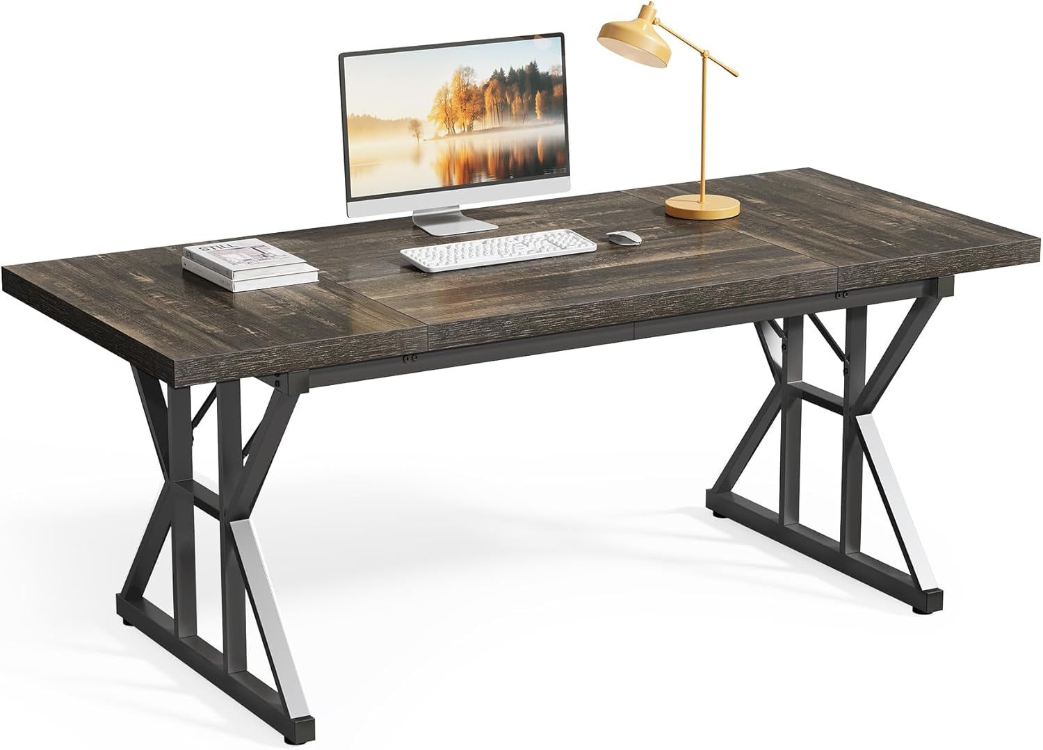 70.8-Inch Large Executive Desk, Extra Long Computer Office Desk Workstation, Modern Simple Style Laptop Table, Sturdy Wooden Writing Workstation for Home Black Oak