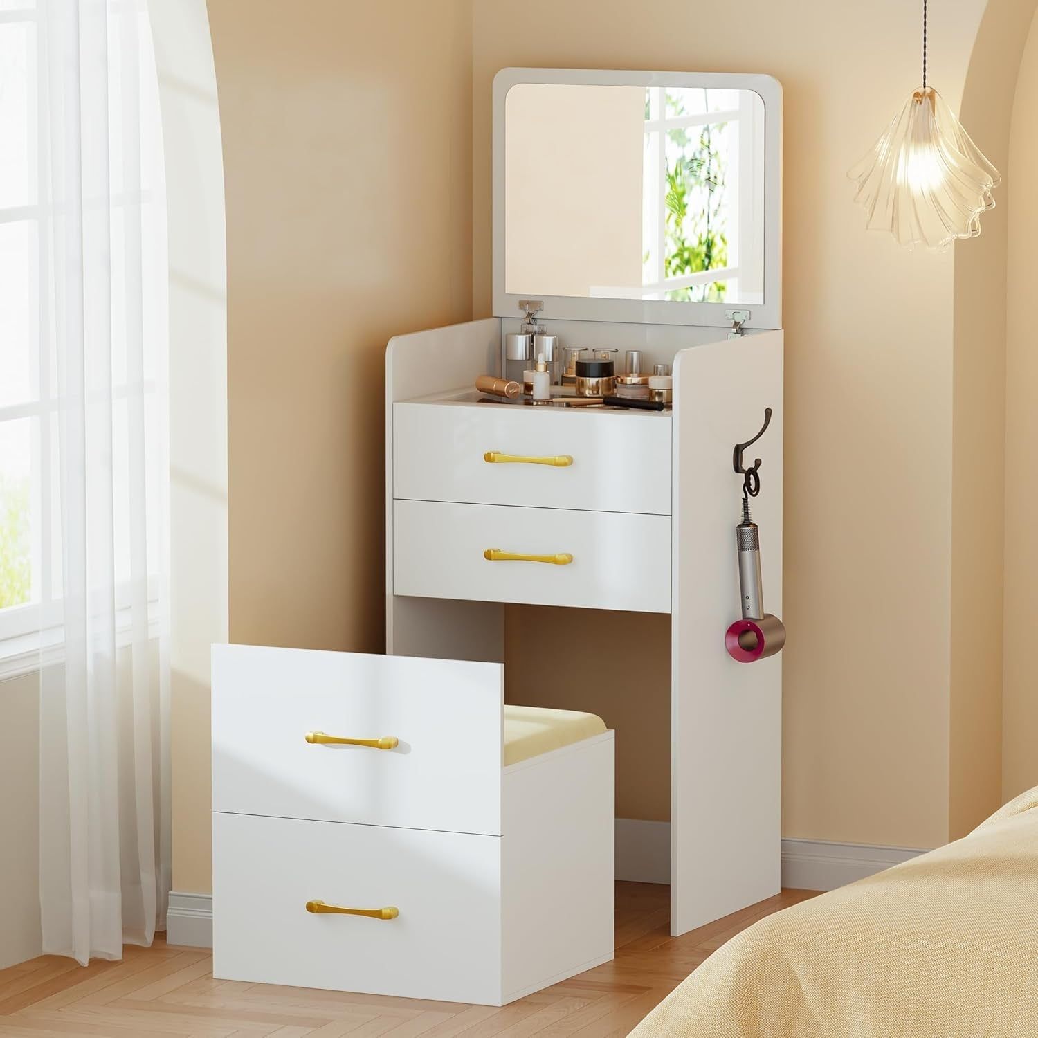 3-in-1 Flip Top Vanity Desk Makeup, Storage, Glass