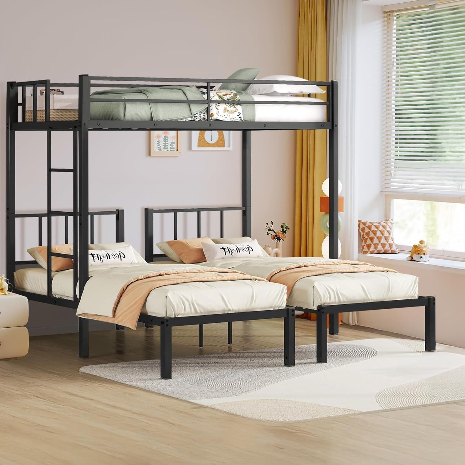 Twin over Twin &amp; Bunk Beds for 3, Triple Bunk Bed for 3 with Guardrails, Ladder &amp; Upper-Bed Platform, for Children, Teens, Adults, No Box Spring Needed (Detachable Triple Bunk Bed)
