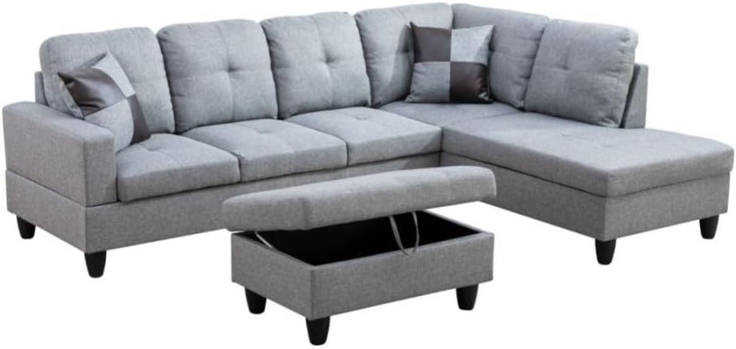 L-Shaped 3-Piece Linen Sofa with Storage Ottoman Set, Sectional Couch Sofa Set for Living Room, Office, Small Space, Grey