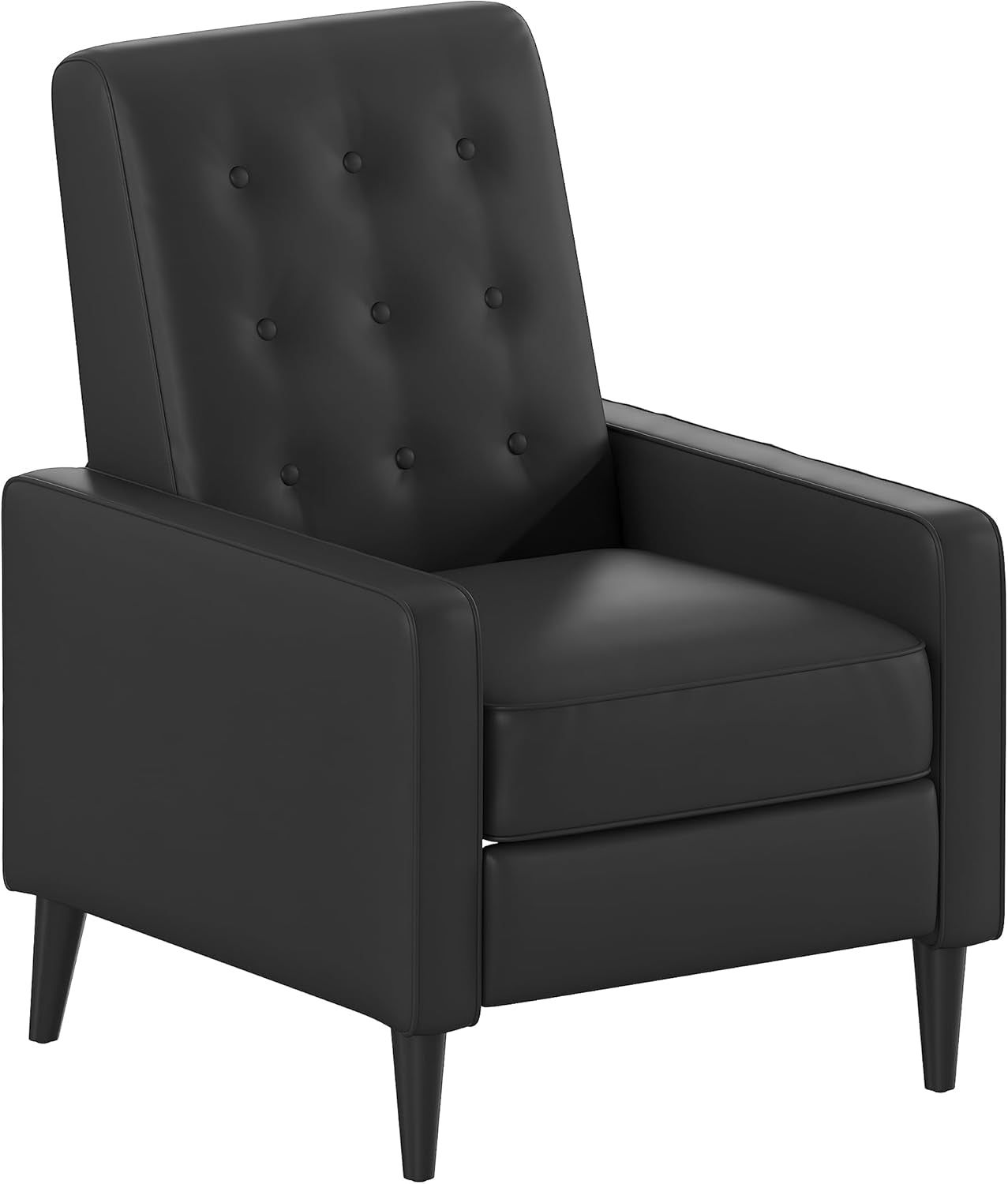 Ezra Pushback Recliner - Mid-Century Modern Black Leathersoft Upholstery - Button Tufted Back - Residential &amp; Commercial Use