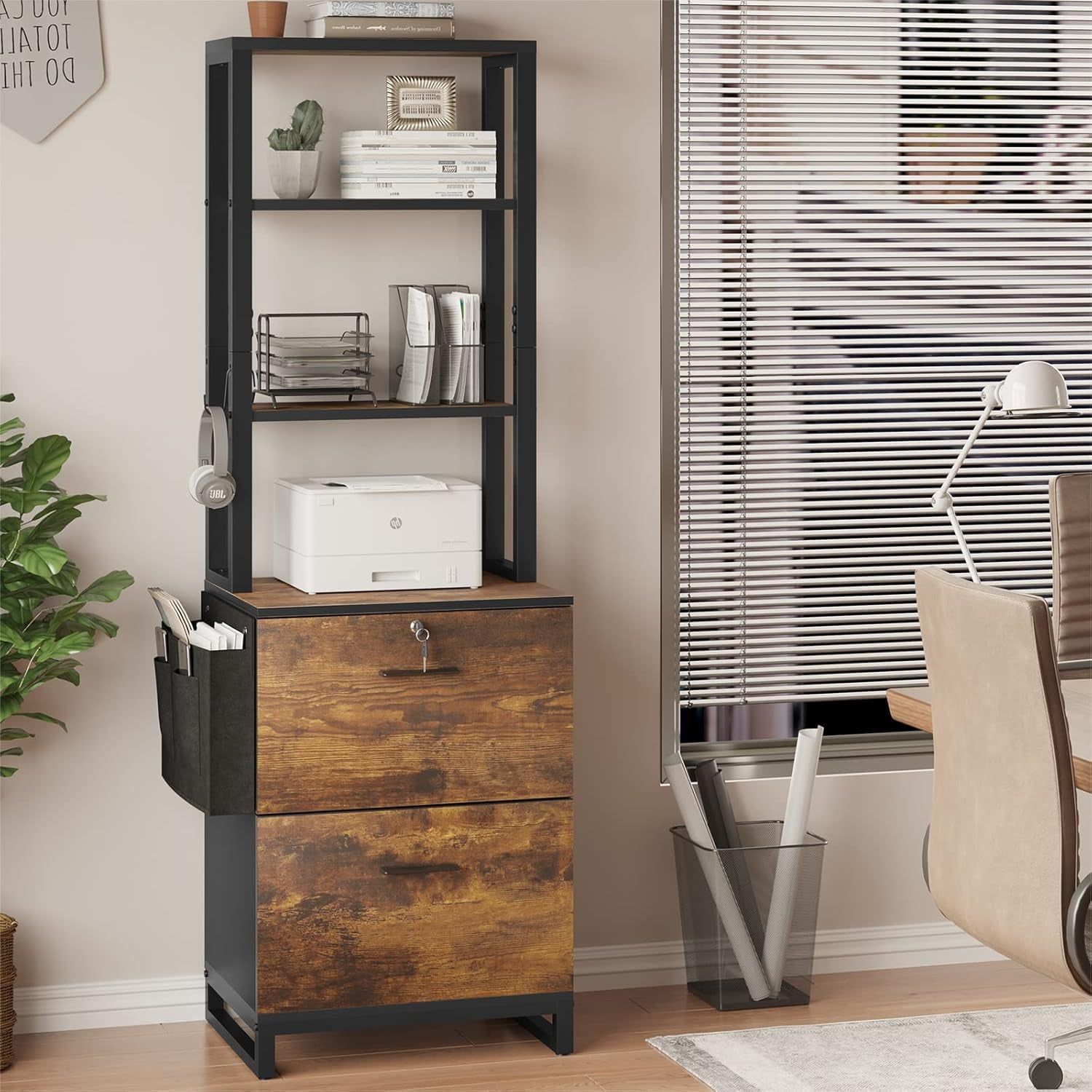 2 Drawer File Cabinet with Lock, Filing Cabinet Fits Letter, Legal, A4 Size, Hanging File Folders, File Cabinets for Home Office with Adjustable Storage Shelf and Hook, Rustic Brown