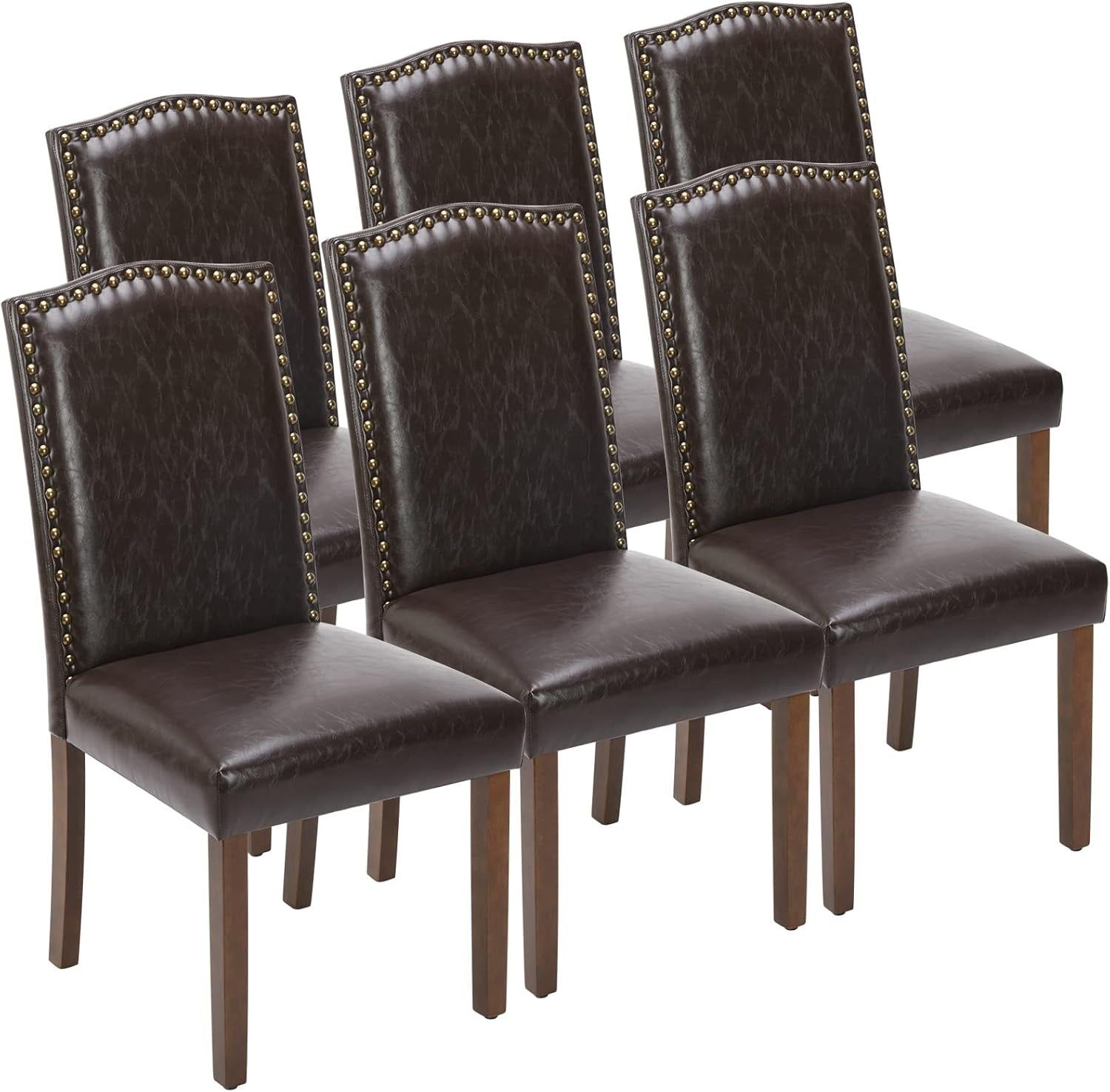 Upholstered Dining Chairs Set of 6, Modern Upholstered Leather Dining Room Chair with Nailhead Trim and Wood Legs, Mid-Century Accent Dinner Chair for Living Room, Kitchen, Dark Brown