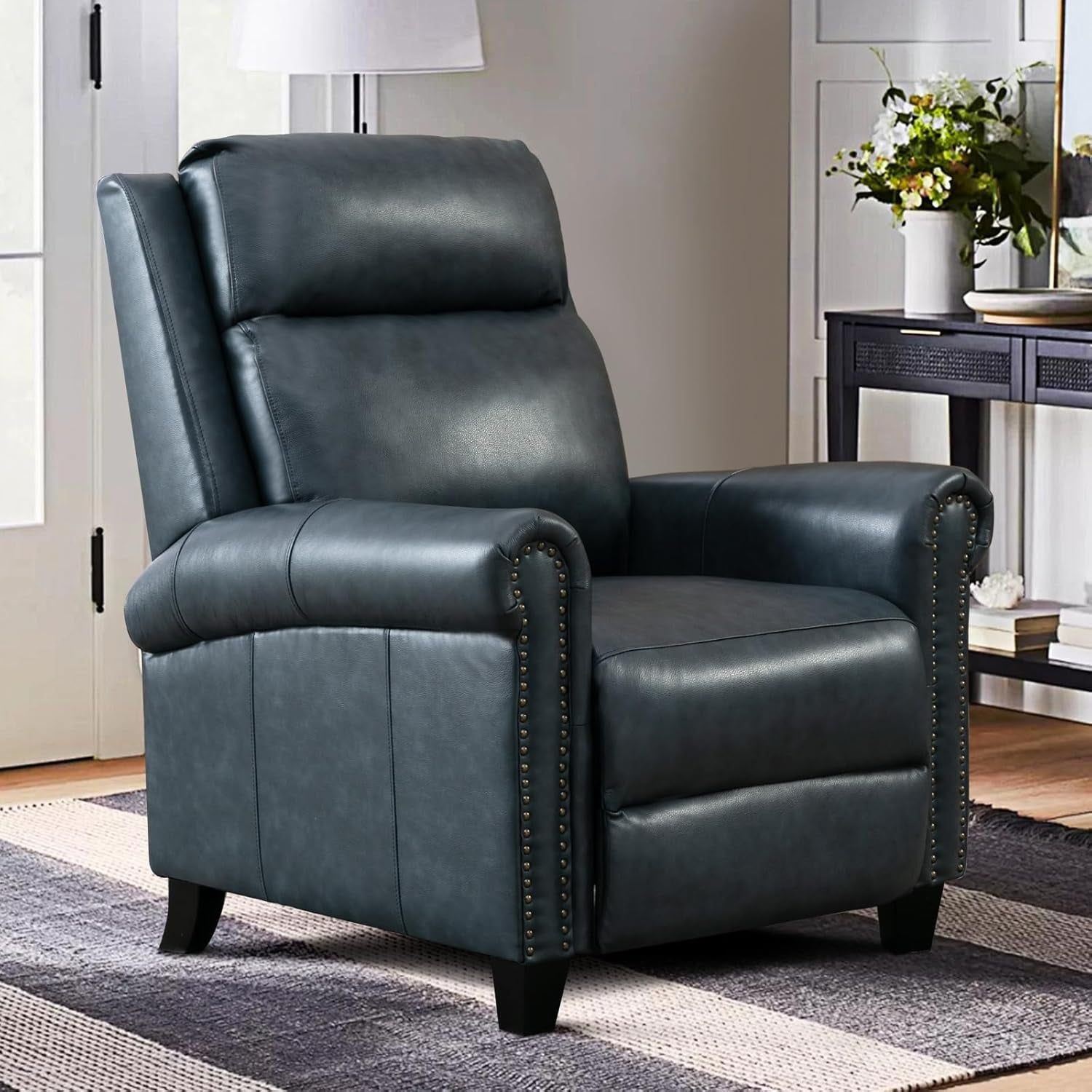 Leather Recliner Chair, Classic and Traditional Push Back Recliner Chair with Comfortable Arms and Back for Living Room Bedroom Adjustable Single Sofa, Navy Blue
