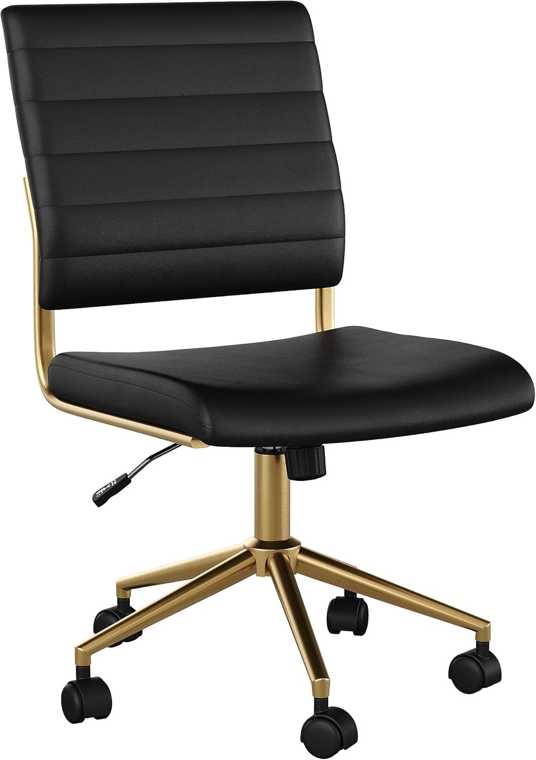 Ivy Armless Swivel Task Chair for Home Office in Black Faux Leather with Polished Brass Frame