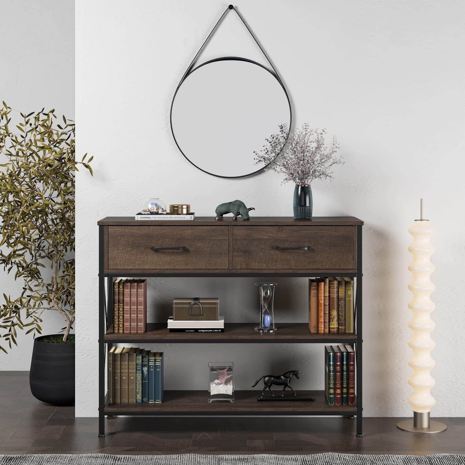 Vintage Industrial Sofa Table with Drawers and Shelves
