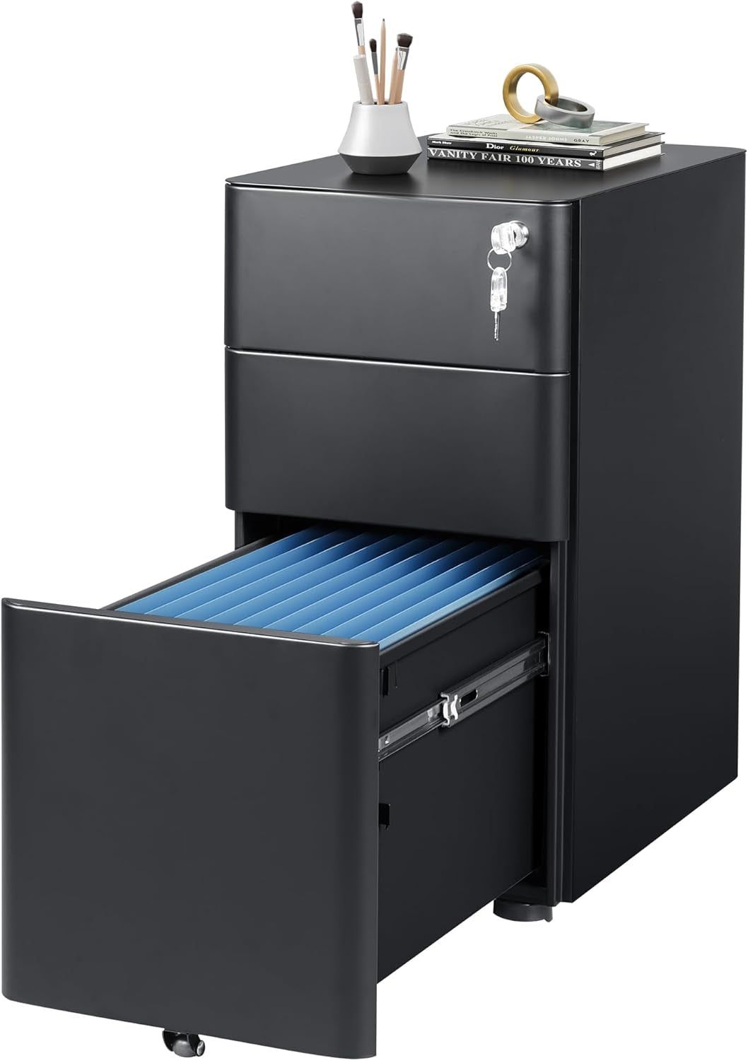 3-Drawer Slim File Cabinet, Vertical Filing Cabinet, Fully Assembled except Casters, Black