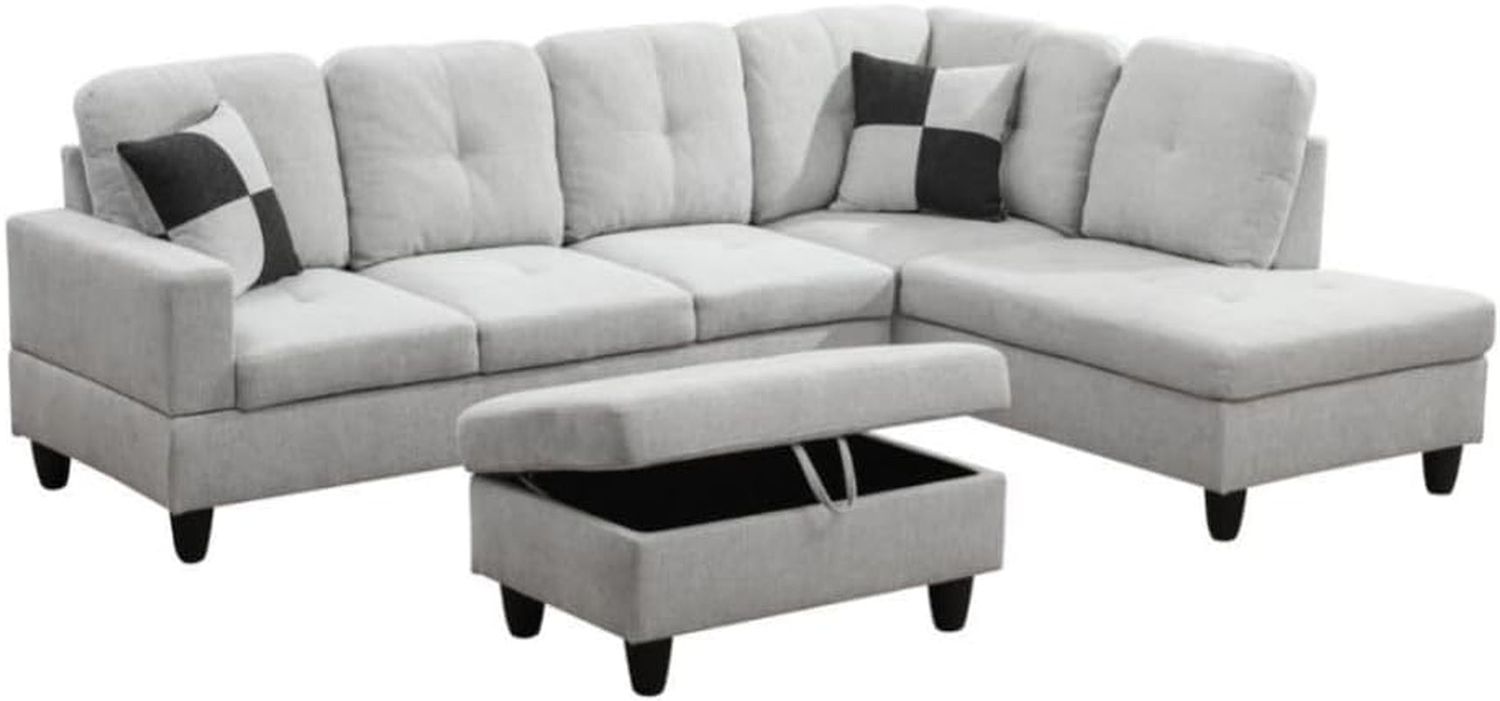 L-Shaped 3-Piece Flannel Sofa with Storage Ottoman Set, Sectional Couch Sofa Set for Living Room, Office, Small Space, Light Grey