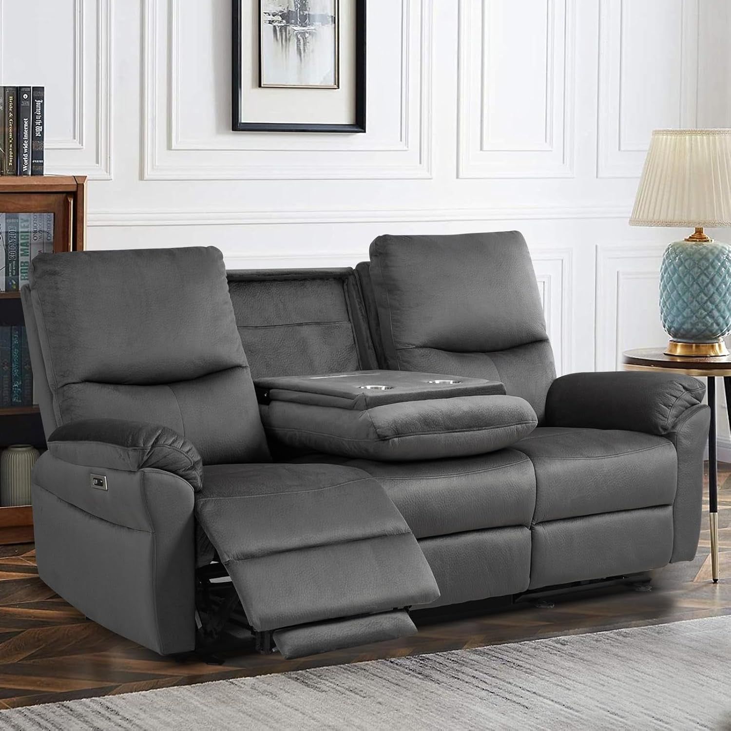 Reclining Sofa, Power Reclining Sofa with Drop down Table, Cup Holder and USB Port, Modern Recliner Sofa 3 Seater,Wall Hugger Sofa Recliner for Living Room Furniture Sets(Gray)
