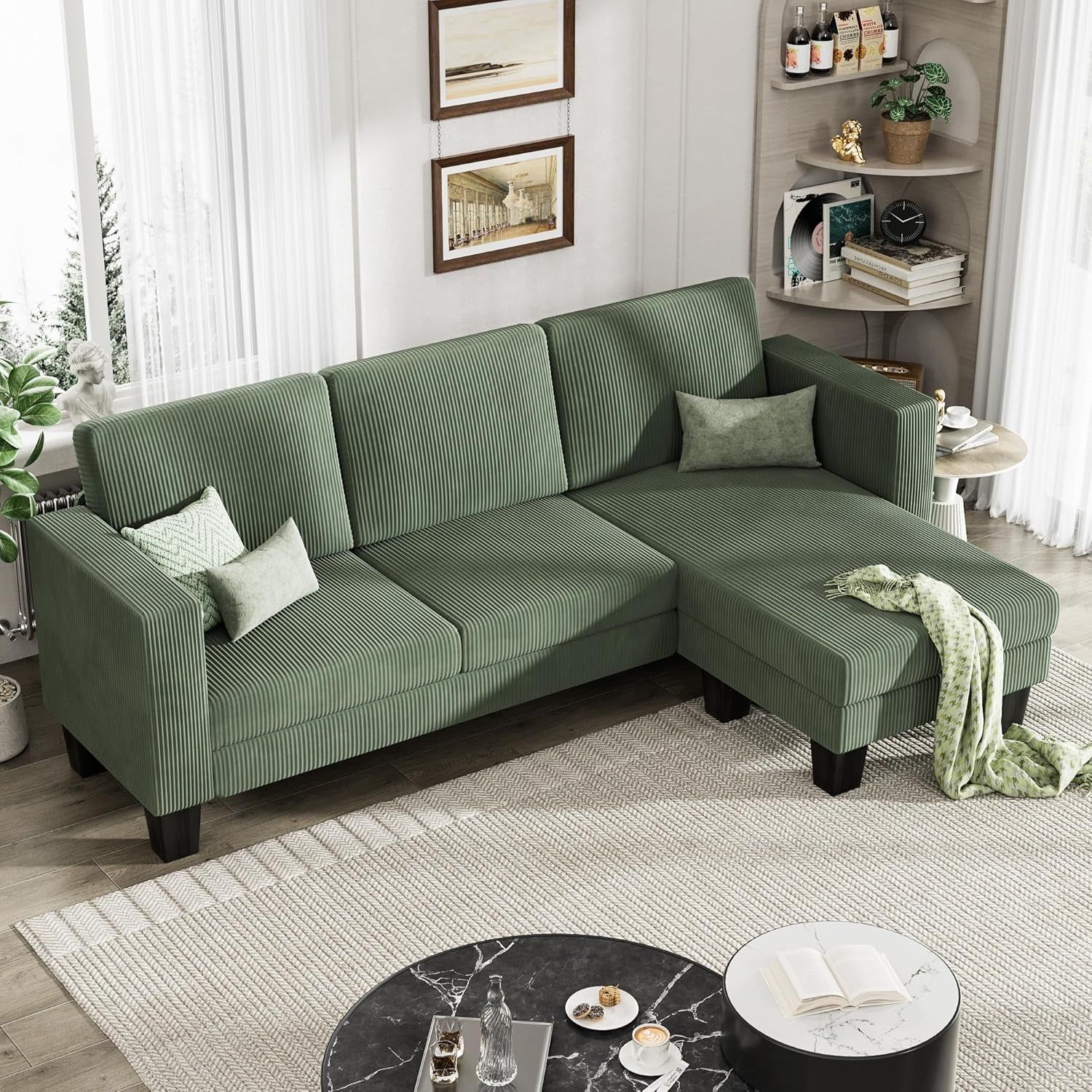 L-Shaped Convertible Sectional Sofa 3 Seater with Corduroy Fabric, Complete with Mobile Footrest, for Living Room, Apartment and Office, 70&quot;, Green