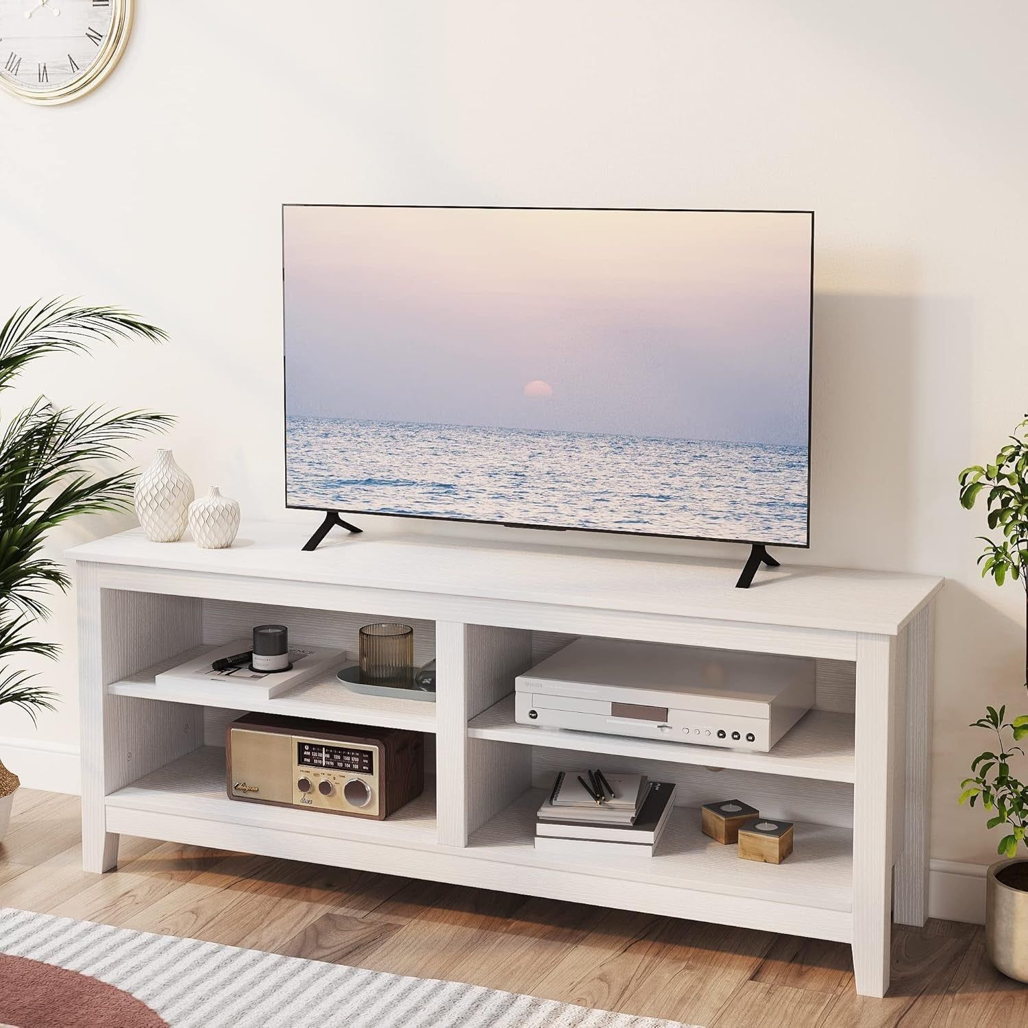 TV Stand for 65 Inch TV with Storage,Modern TV Entertainment Center for Bedroom,Tv Media Console Table with 4 Open Storage Shelve,55 Inch Wood TV Cabinet White
