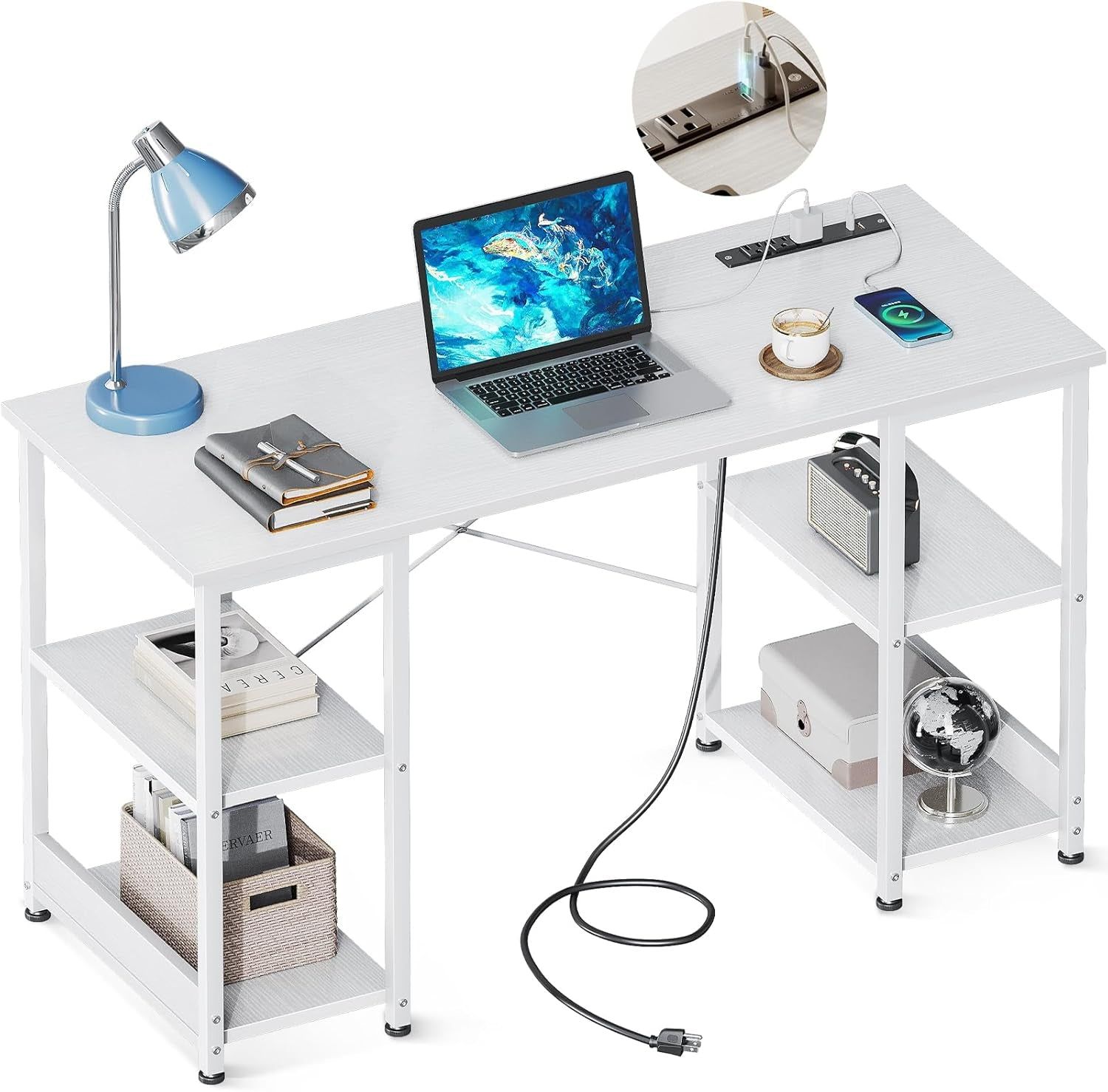 40 Inch Small Writing Desk with Power Outlets &amp; USB Charging Port, Computer Desk for Small Spaces Home Office, Student Laptop PC Desks with Storage Shelves, Kids Desk, White
