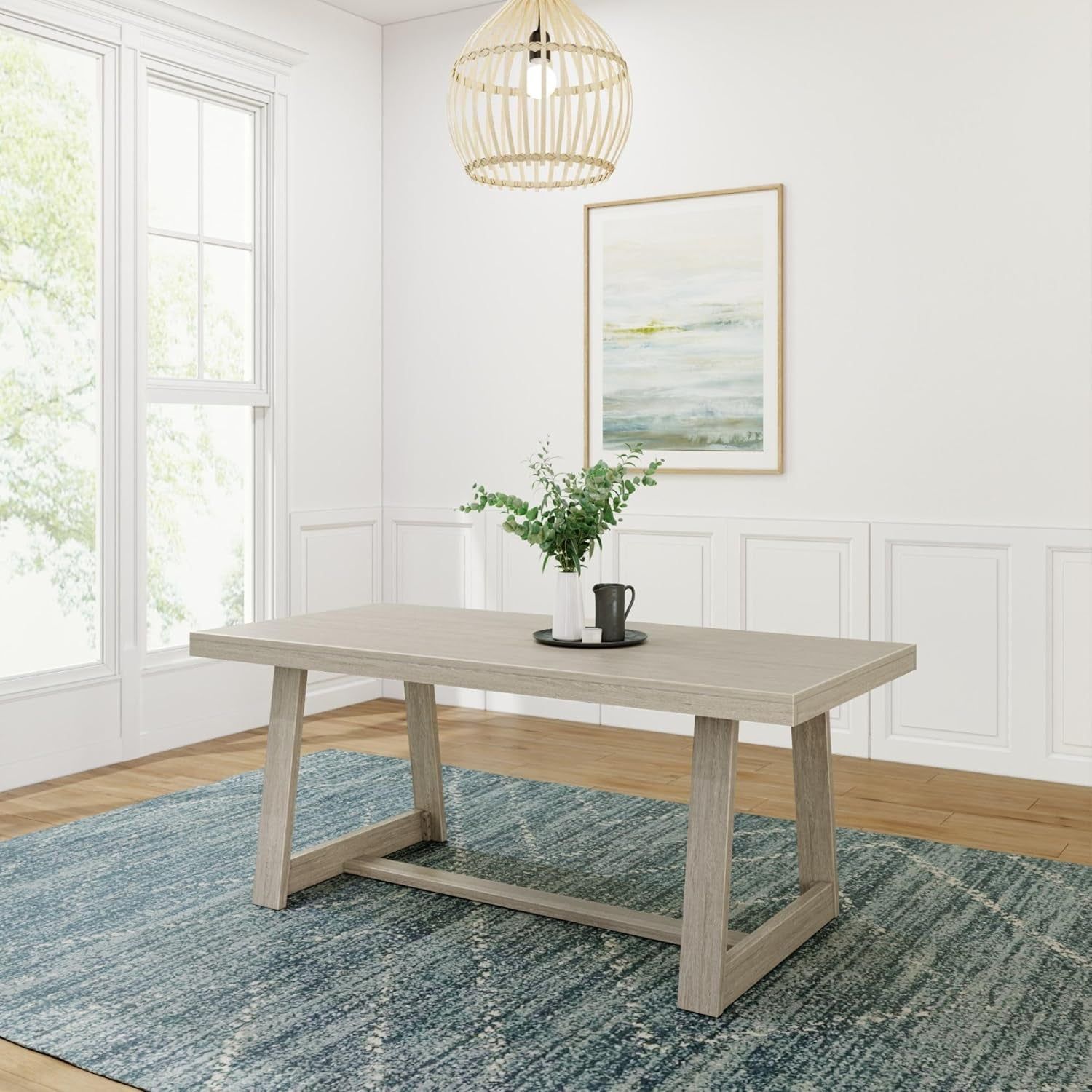 72 Inch Farmhouse Dining Table, Solid Wood Rustic Kitchen Table, Large Wooden Rectangular Dinner Table for Dining Room, Home Office, Living Room Furniture, Easy Assembly, Seashell Wirebrush