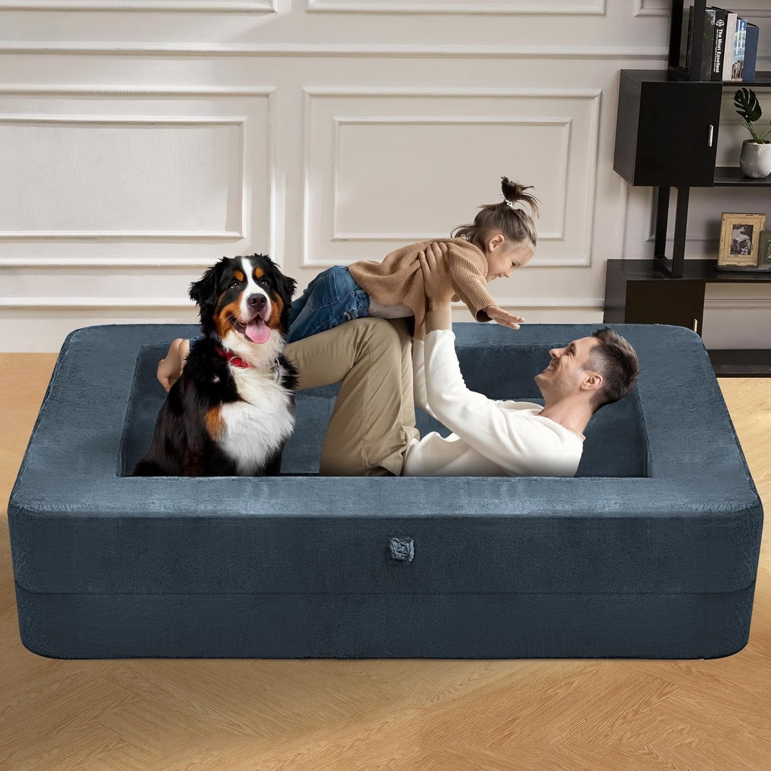 Blue Gray Large 3-in-1 Folding Bean Bag Couch