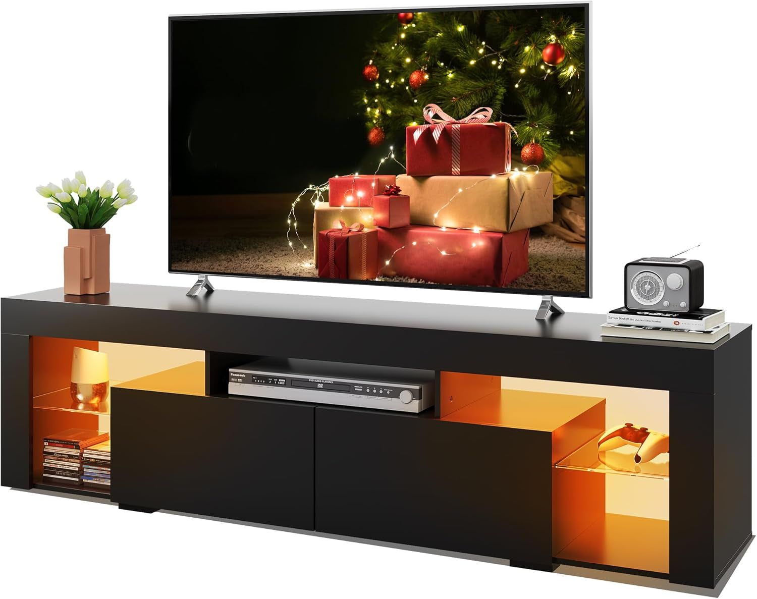 63 Inch TV Stand, LED Entertainment Center for 60 to 70 Inch TV, Modern TV Console with 2 Drawers, TV Stands for Living Room, Black